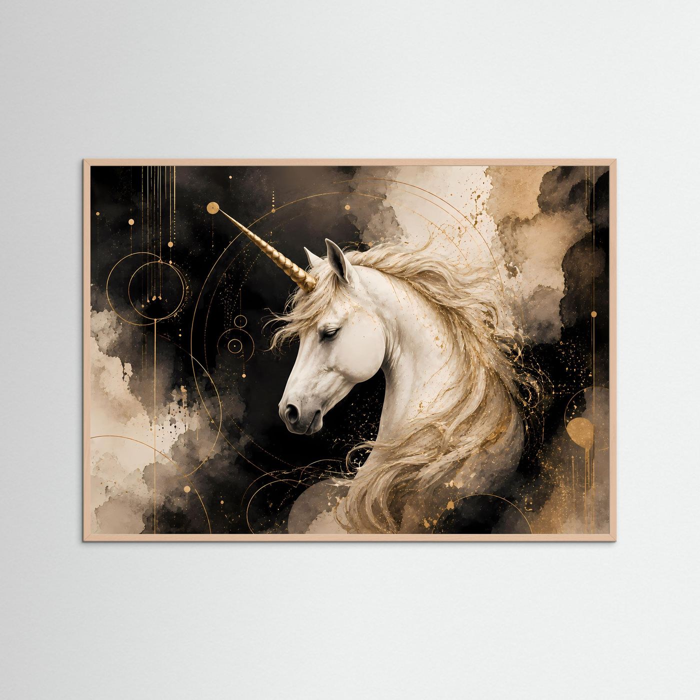 Poster im Querformat mit weißem Einhornkopf und goldener Fantasy-Illustration, rosafarbenem Rahmen