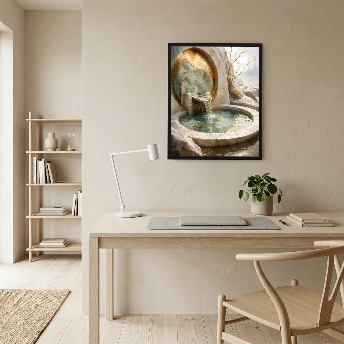 Gerahmtes Poster mit rundem Steinbrunnenbecken, Wasserstrahl und goldenen Linien