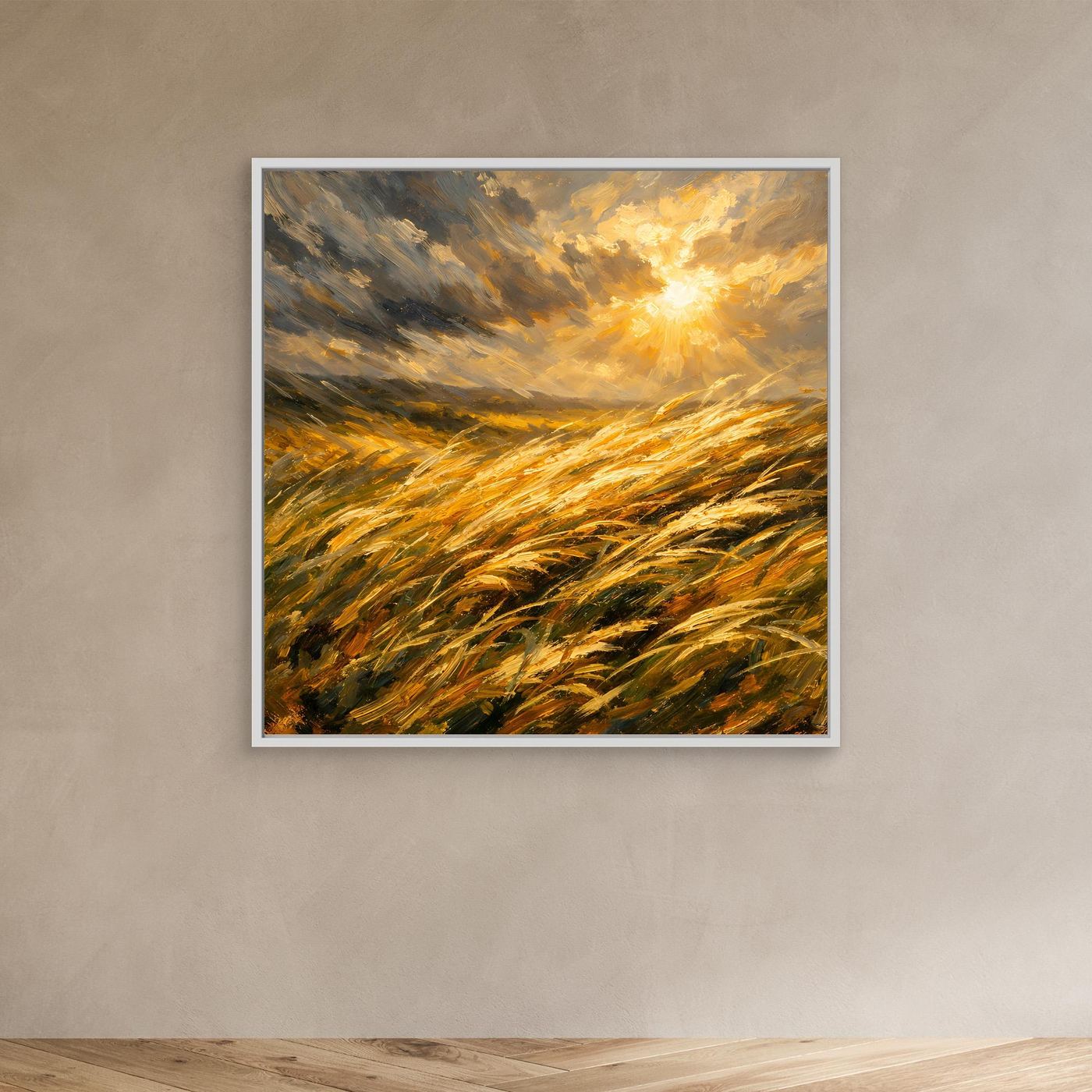 Leinwandbild goldenes Getreidefeld mit Sonnenlicht, weißer Rahmen