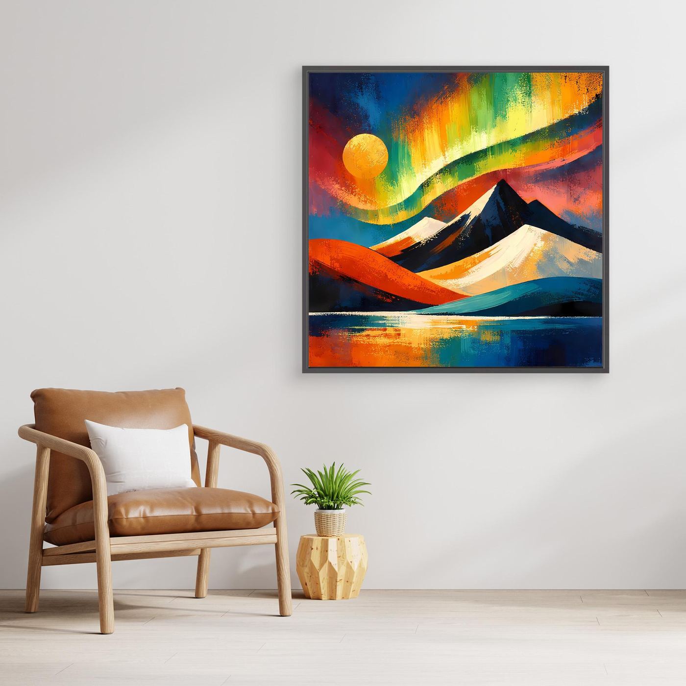 Abstraktes, gerahmtes Leinwandbild mit Bergsilhouette, gelber Sonne und farbigem Fluss