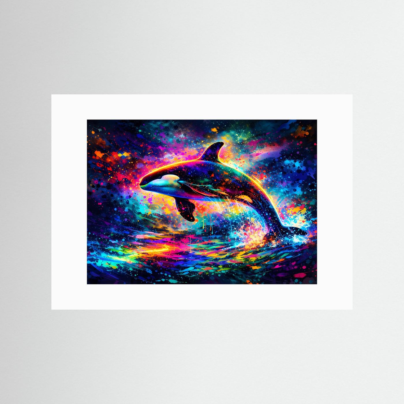 Neon-Orca-Wandposter im Querformat mit weißem Passepartout