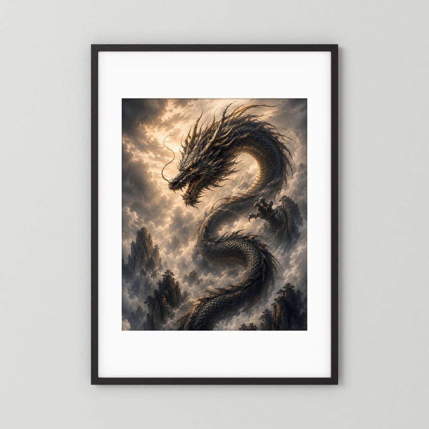 Drachenposter im Hochformat mit schwarzem Drachen über Wolkenbergen, schwarz eingefasst