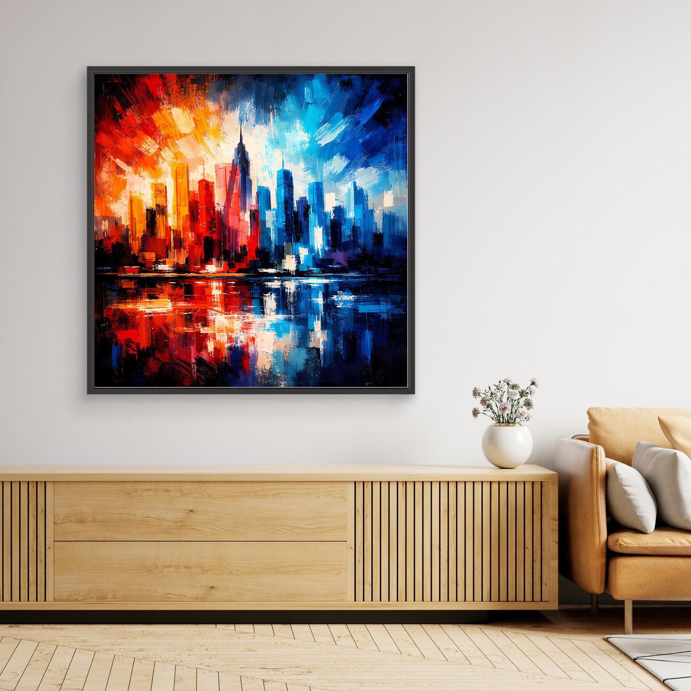 Gerahmtes Leinwandbild mit abstrakter Skyline in Blau, Rot und Orange, schwarzer Rahmen.