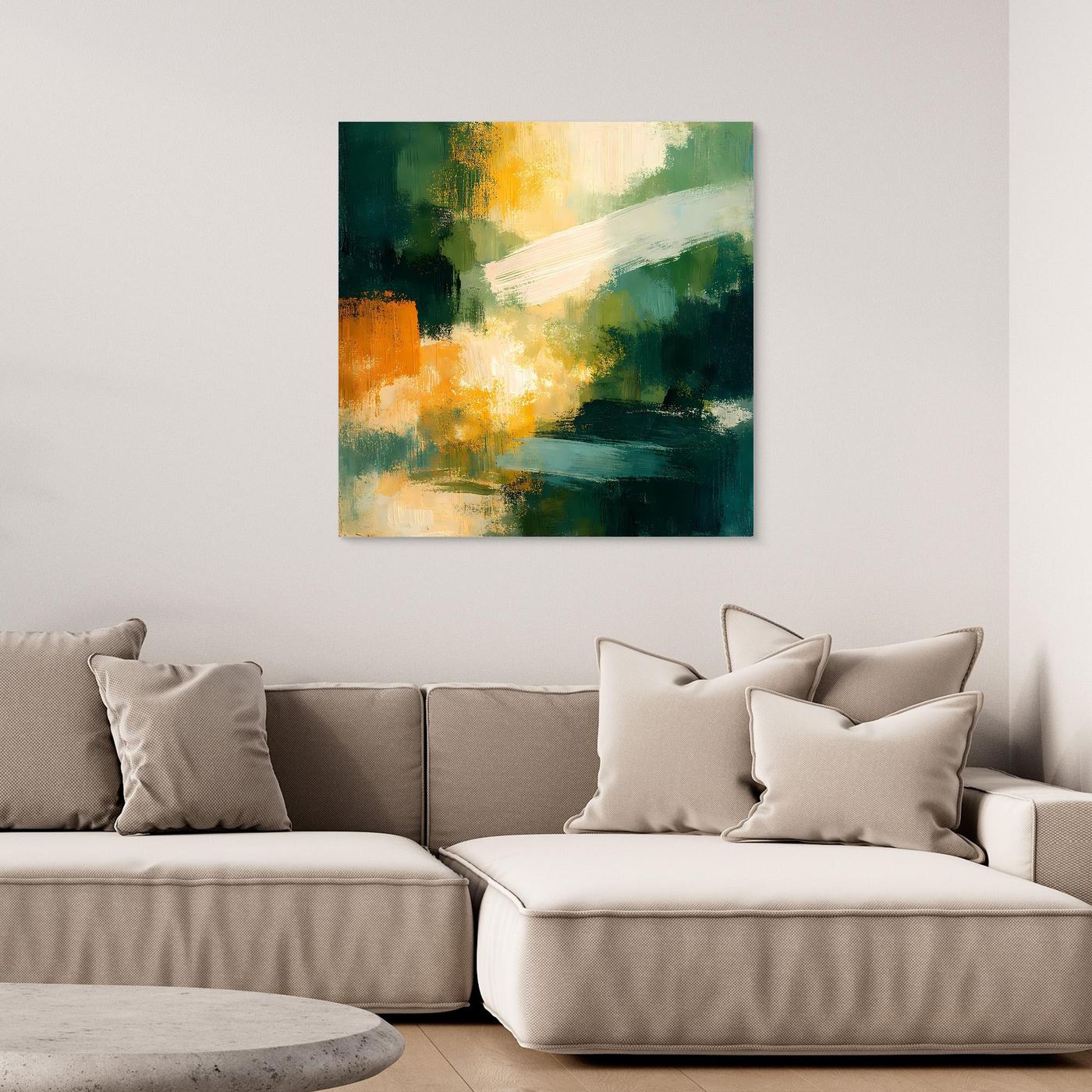 Abstraktes Leinwand-Wandbild mit grünen, orangefarbenen und gelben Farbfeldern, ohne Rahmen