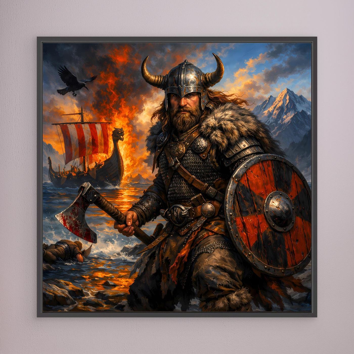 Leinwand Epischer Wikinger-Krieger an der Küste | Modernes Nordisches Wandbild
