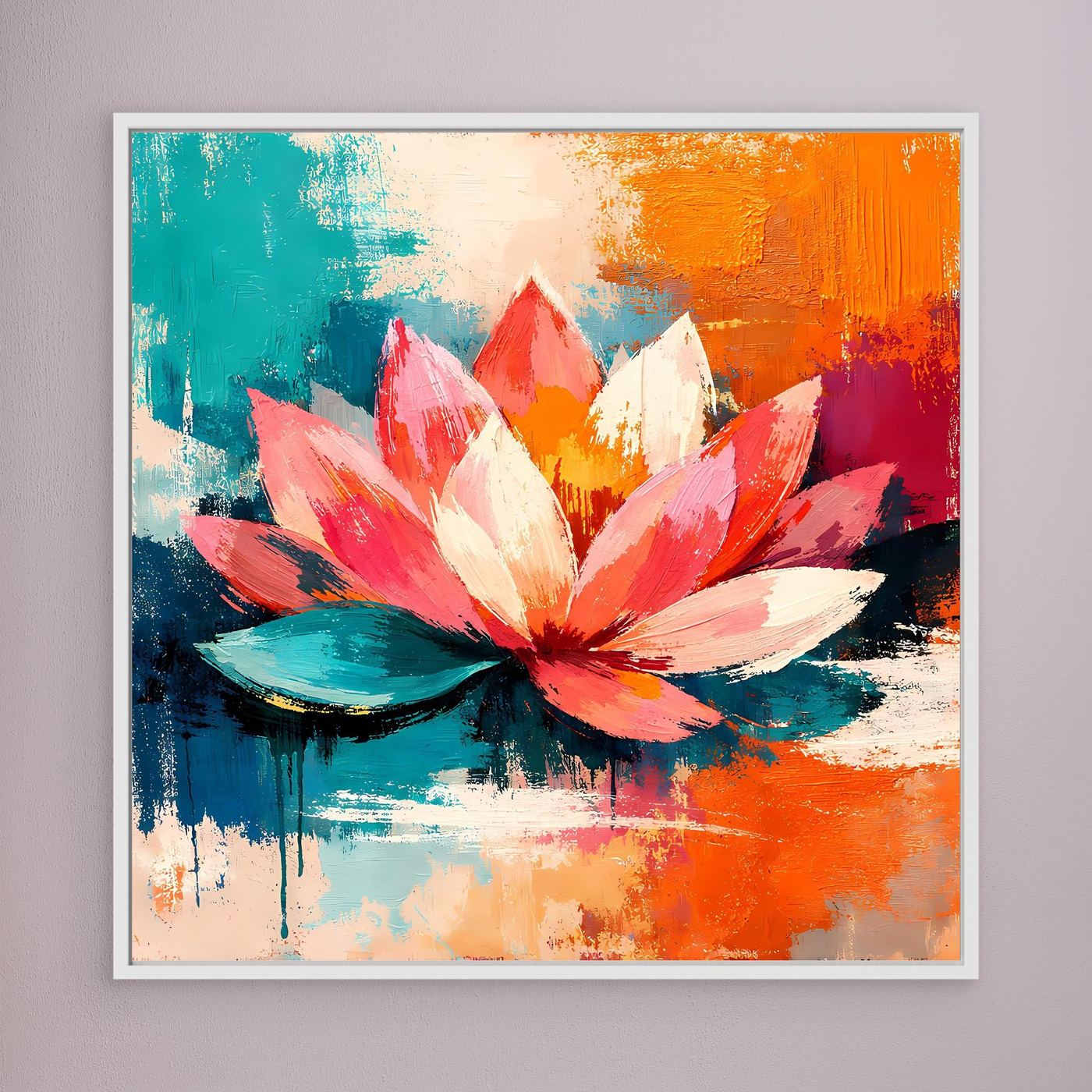 Framed abstract lotus wall art with pink, white, and red petals on teal water
