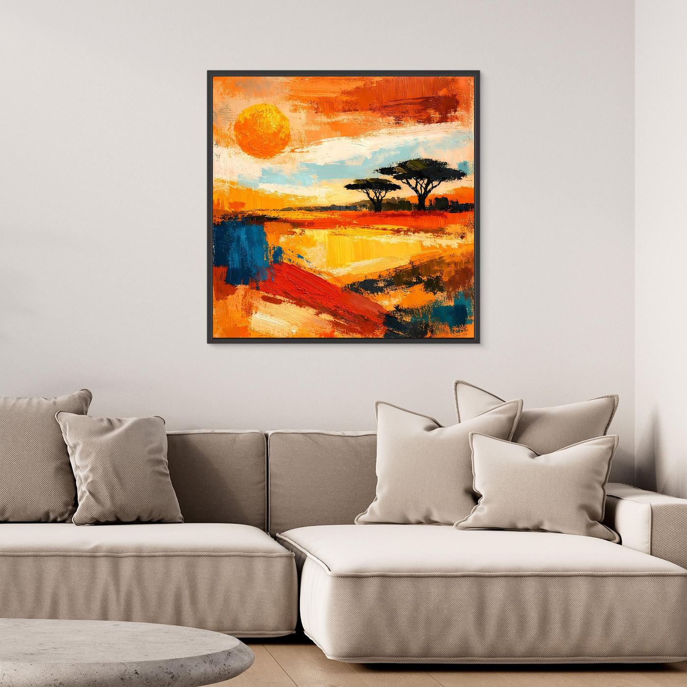 Abstract sunset savanna canvas wall art with tree silhouettes, black frame