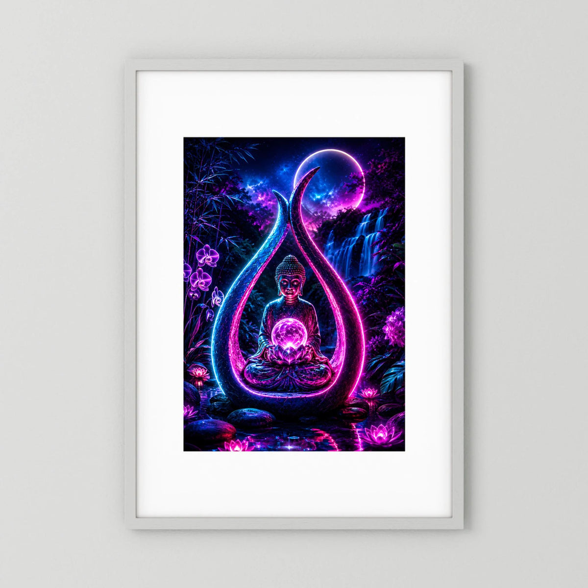 Neon-Poster mit sitzendem Buddha und leuchtender Lotus-Schale, umgeben von Ranken