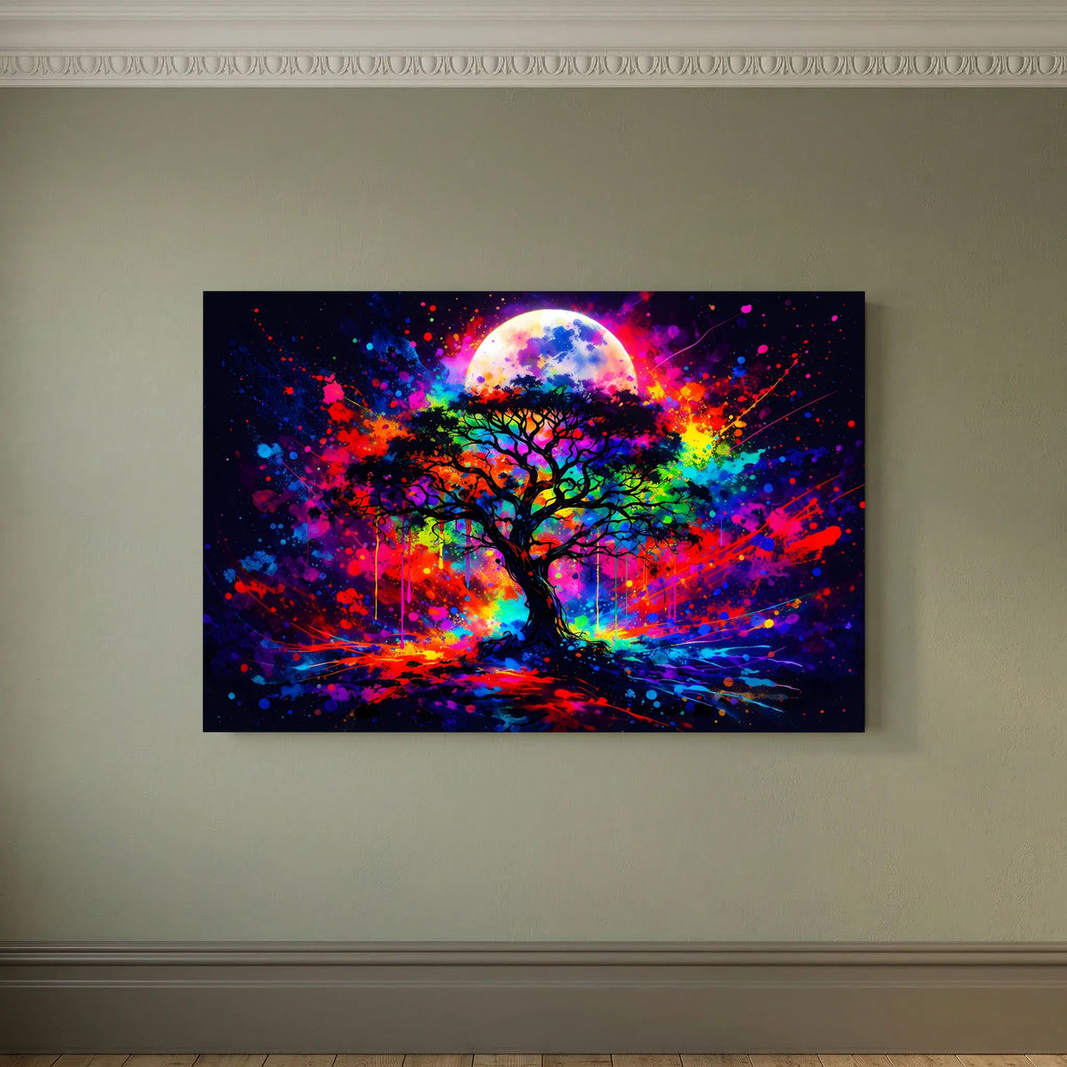 Neon-Wandposter im Querformat: Lebensbaum mit Vollmond und regenbogenfarbenen Lichtern