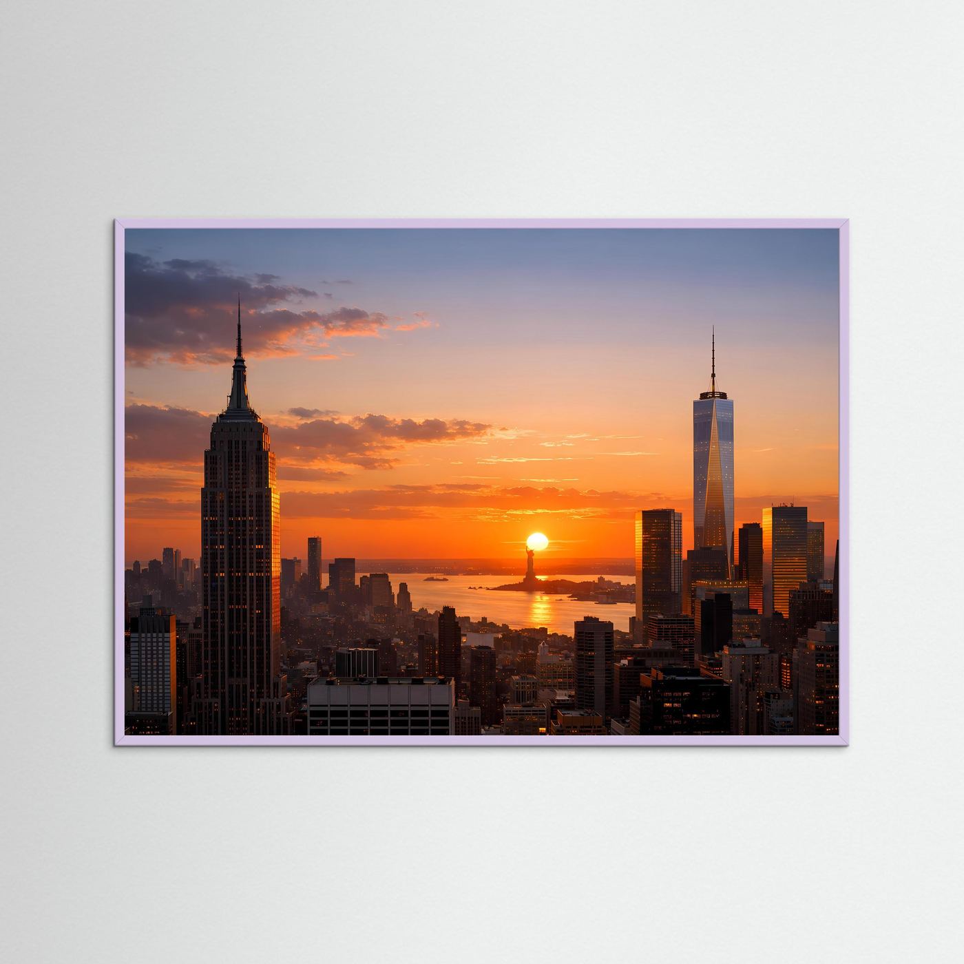 Stadtposter im Querformat mit lilafarbenem Rahmen und Skyline bei Sonnenuntergang