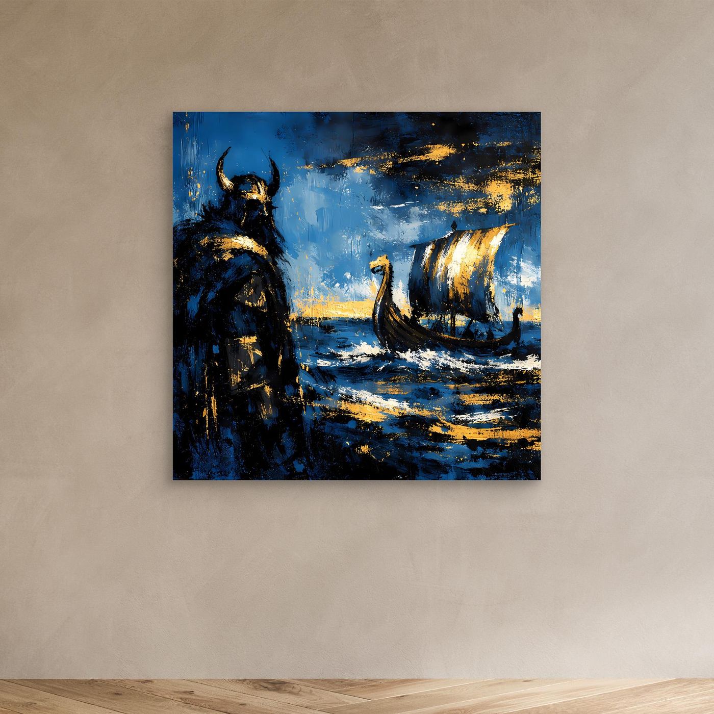 Leinwand Mythischer Wikinger und Langschiff | Abstraktes Nordisches Wandbild
