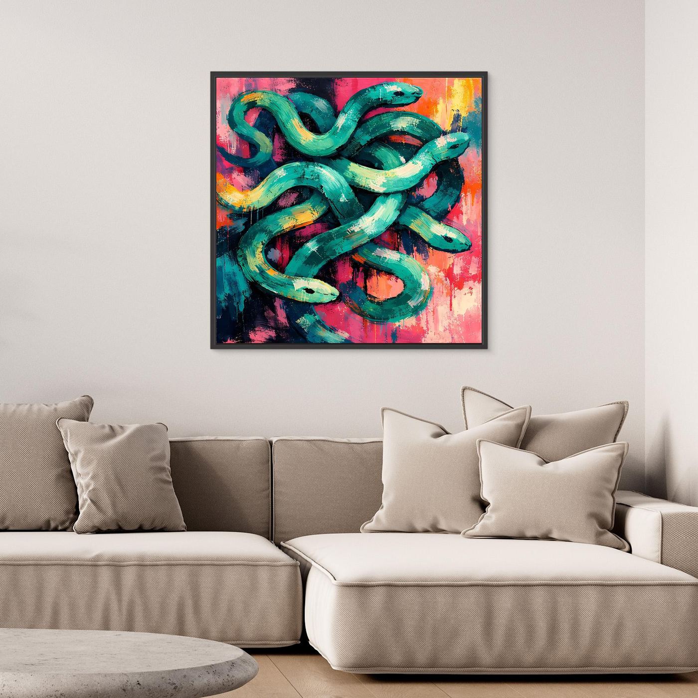 Framed abstract snake canvas wall art with teal body and multicolor brush textures.