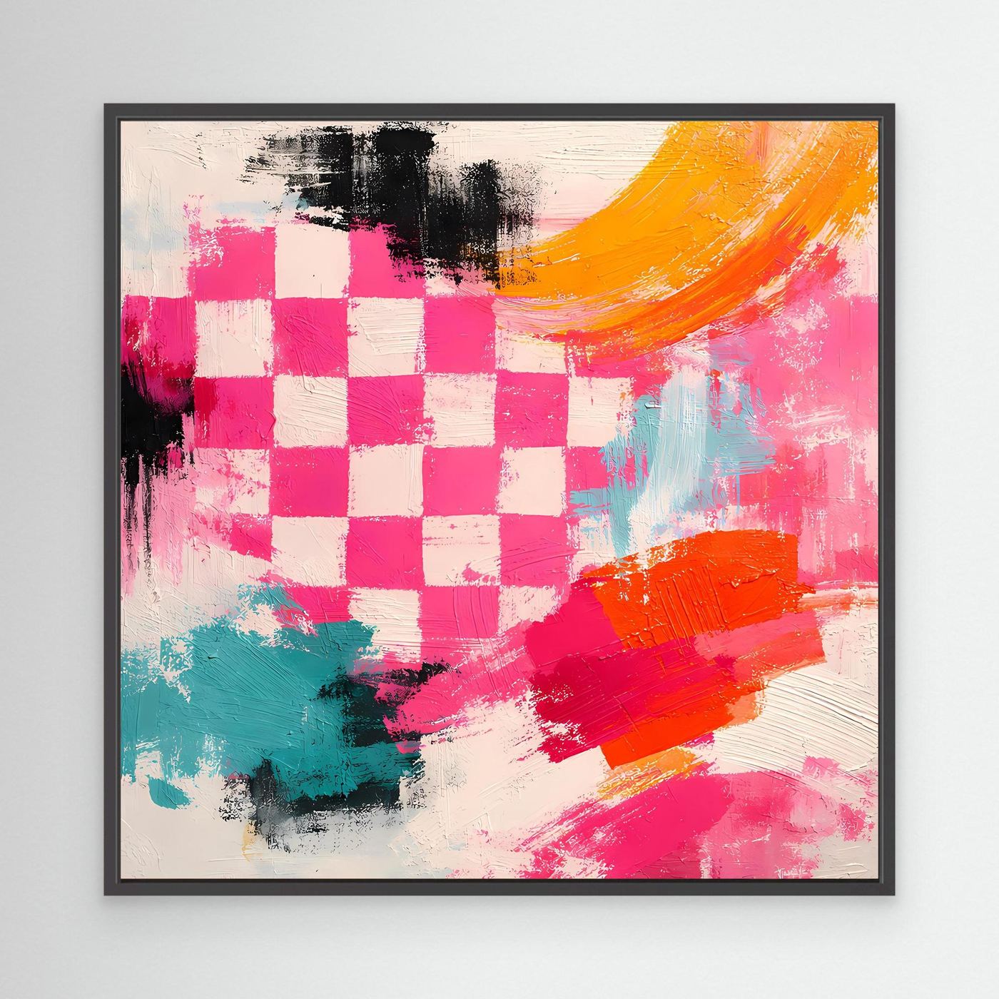 Leinwand-Wandbild mit Schachbrettmuster in Pink, Orange, Türkis; schwarzer Rahmen