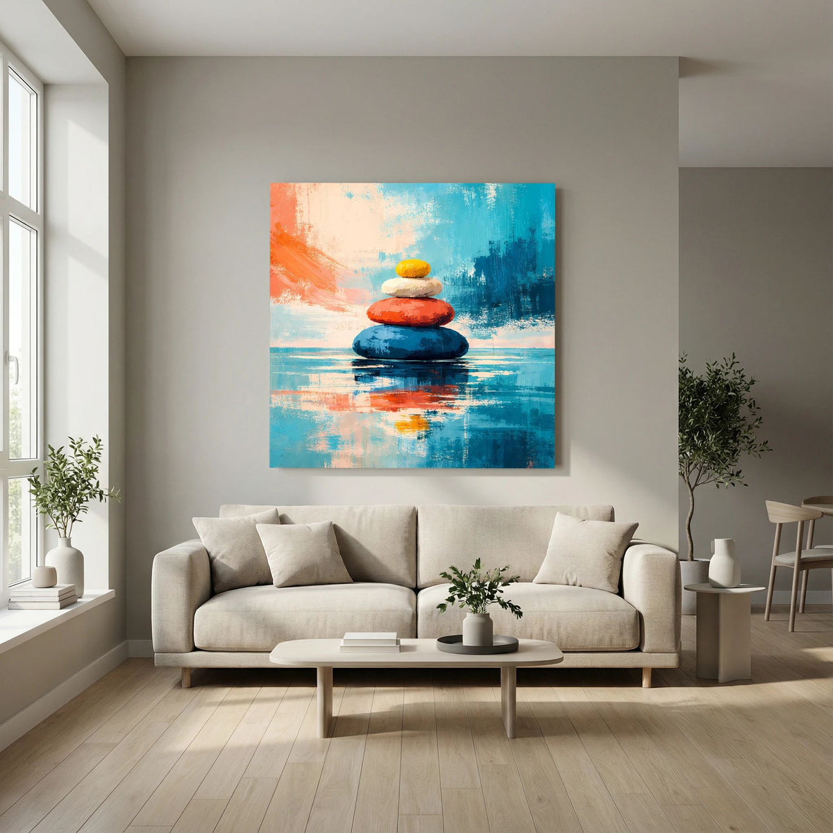 Leinwandbild mit gestapelten Zen-Steinen, blau-orange abstrakt, gelb-rote Steinlagen, Wasserreflex