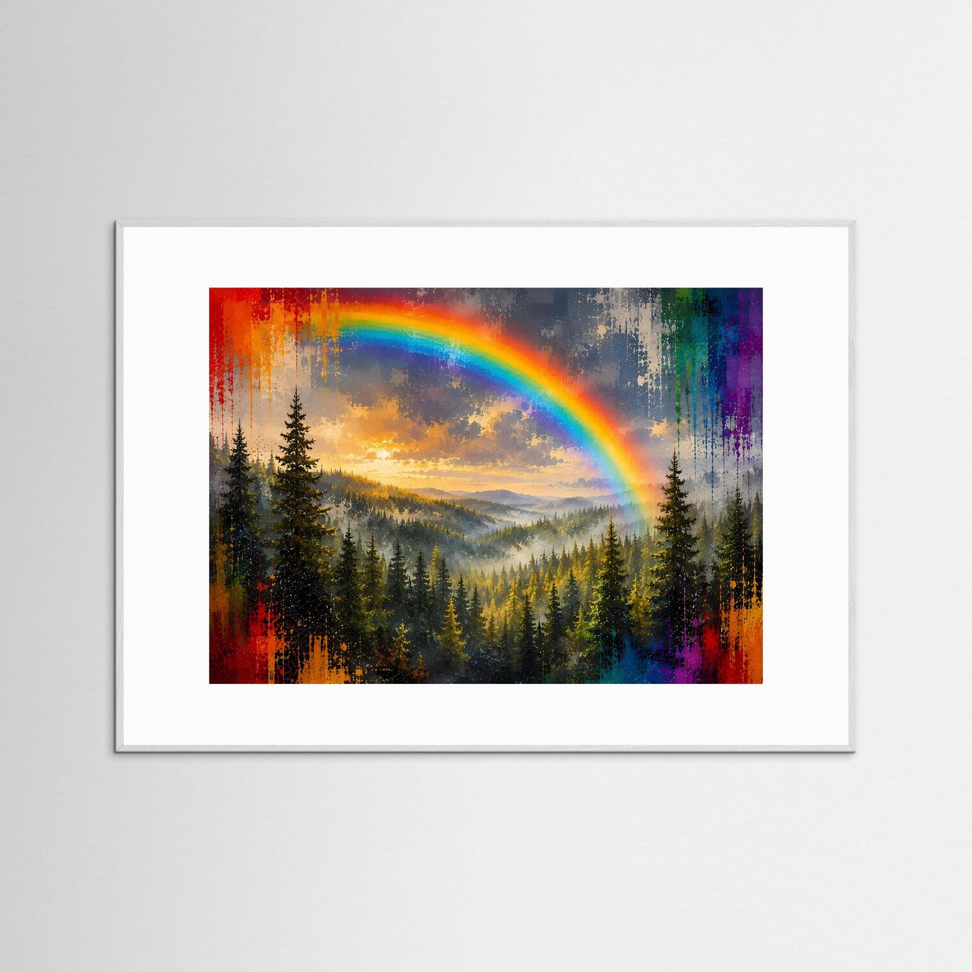 Moderner Nadelwald mit Regenbogen & Farbspritzern | Buntes Panorama Poster Querformat