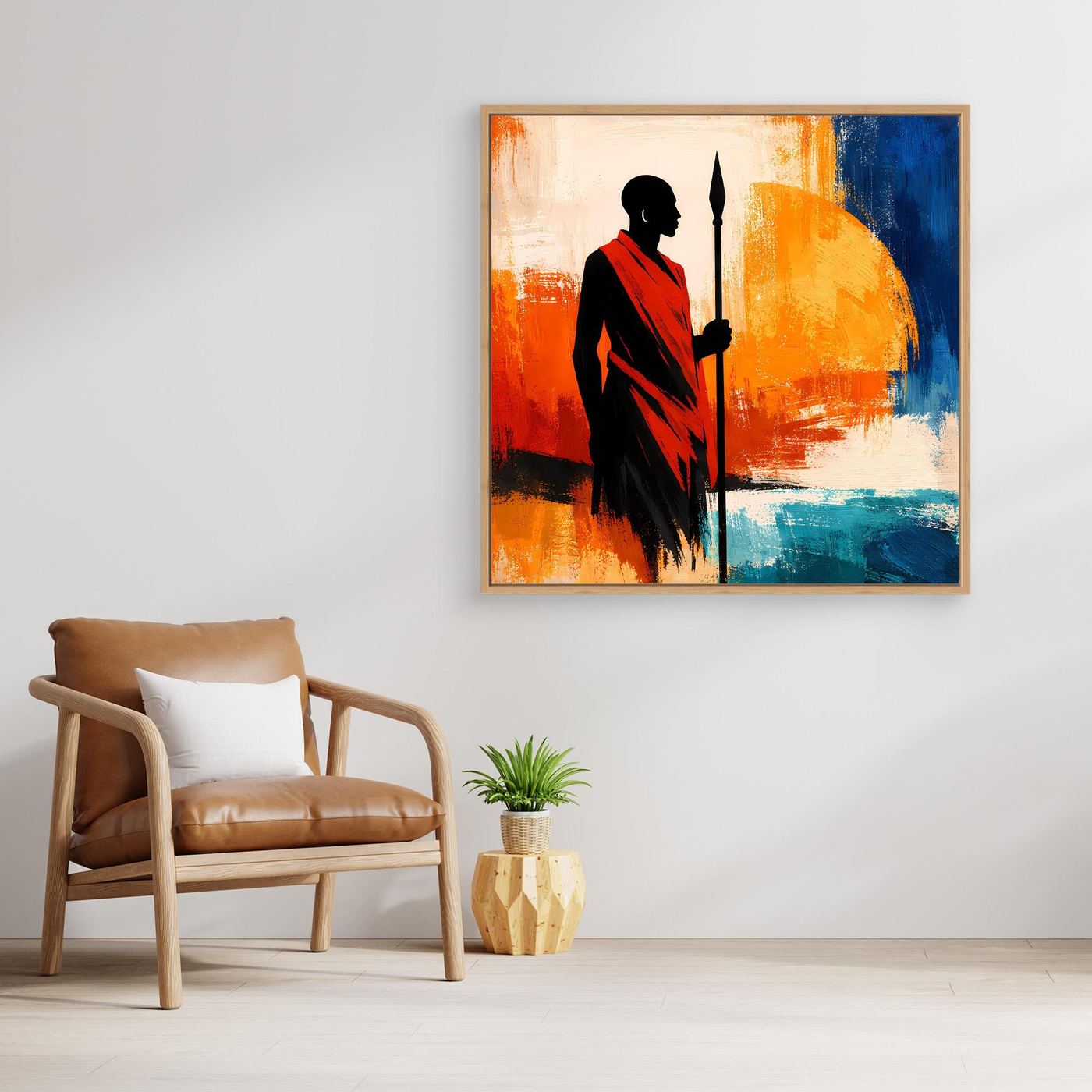 Leinwand Afrikanischer Krieger bei Sonnenuntergang | Modernes Ethno Silhouette Wandbild