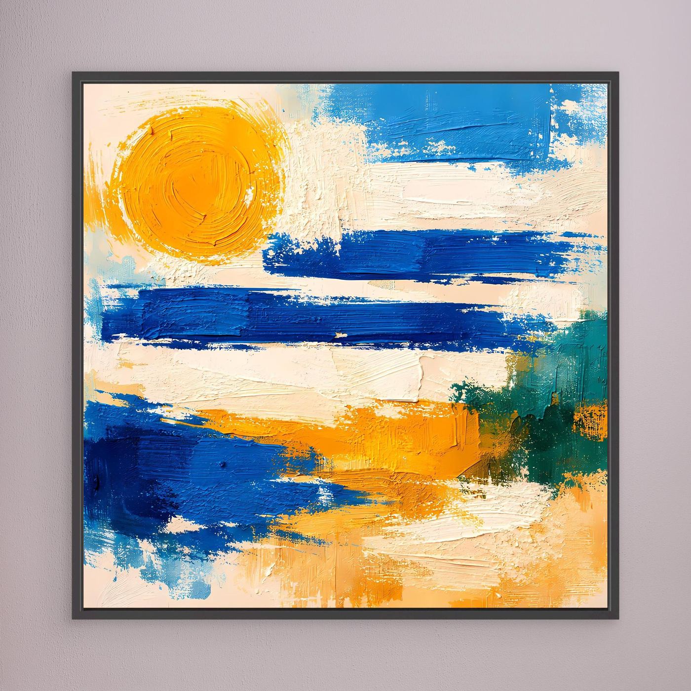 Black-framed abstract canvas wall art with blue waves and yellow sun brushstrokes.