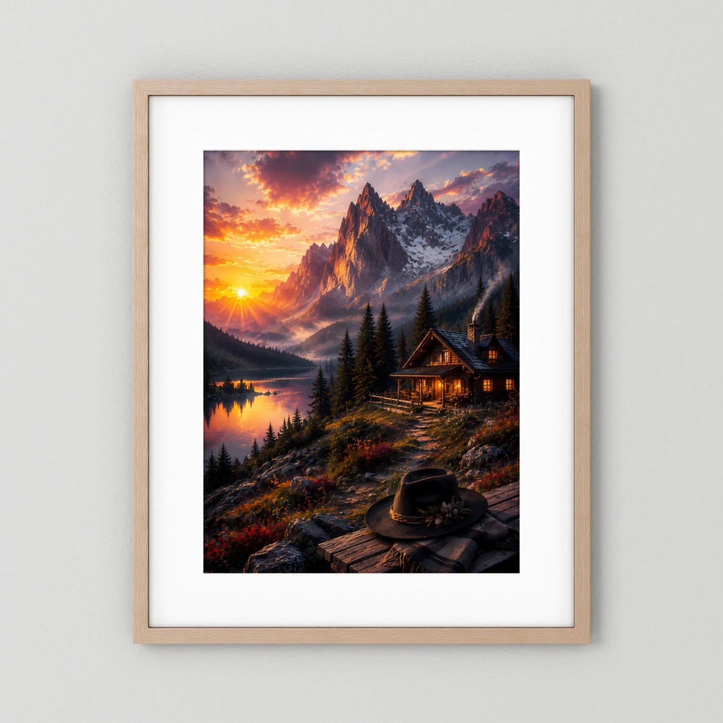 Poster mit Alpenlandschaft bei Sonnenuntergang, Berge, See und Hütte im hellen Holzrahmen