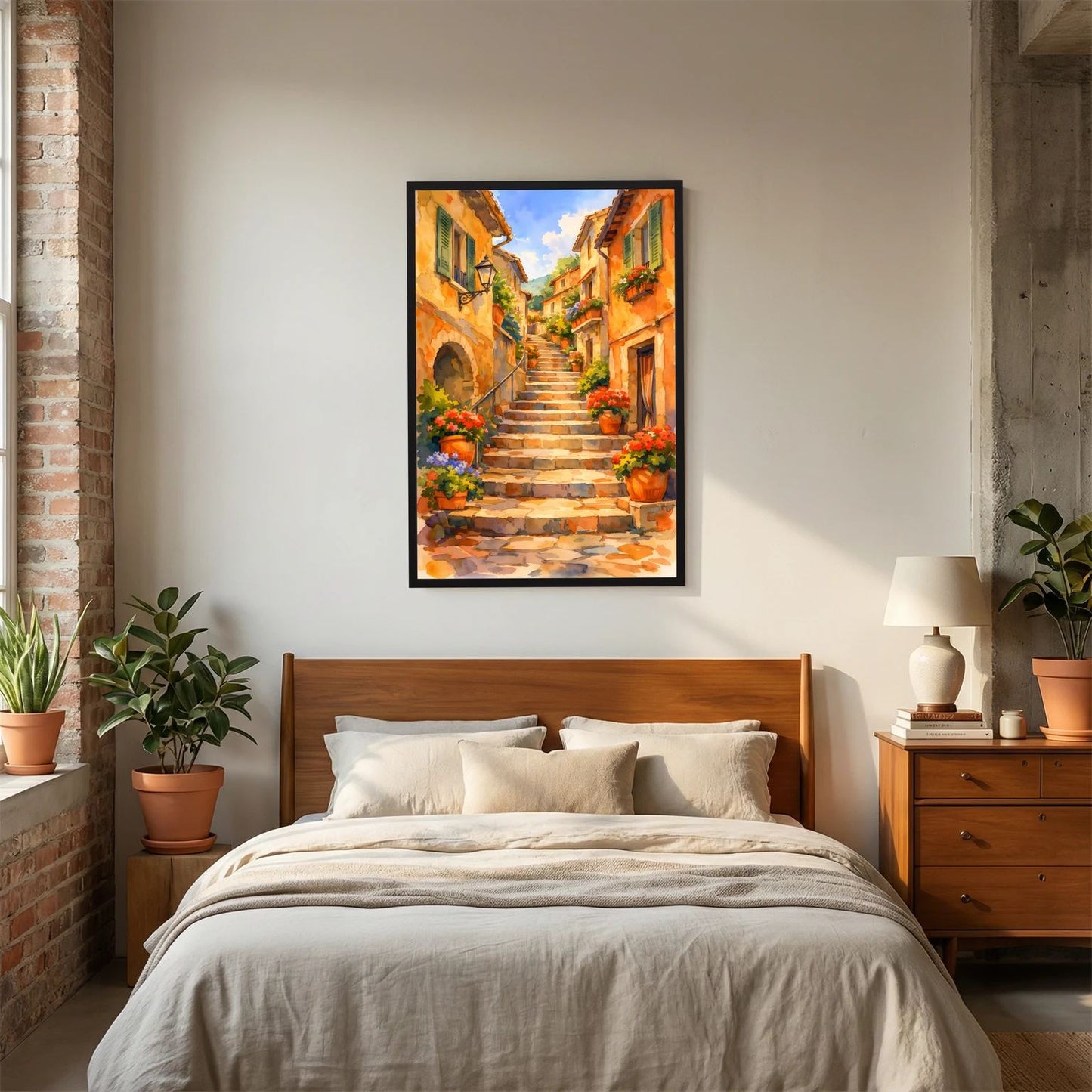Gerahmtes Wandbild mit mediterraner Treppe, Häuserfassaden und Blumen in Töpfen