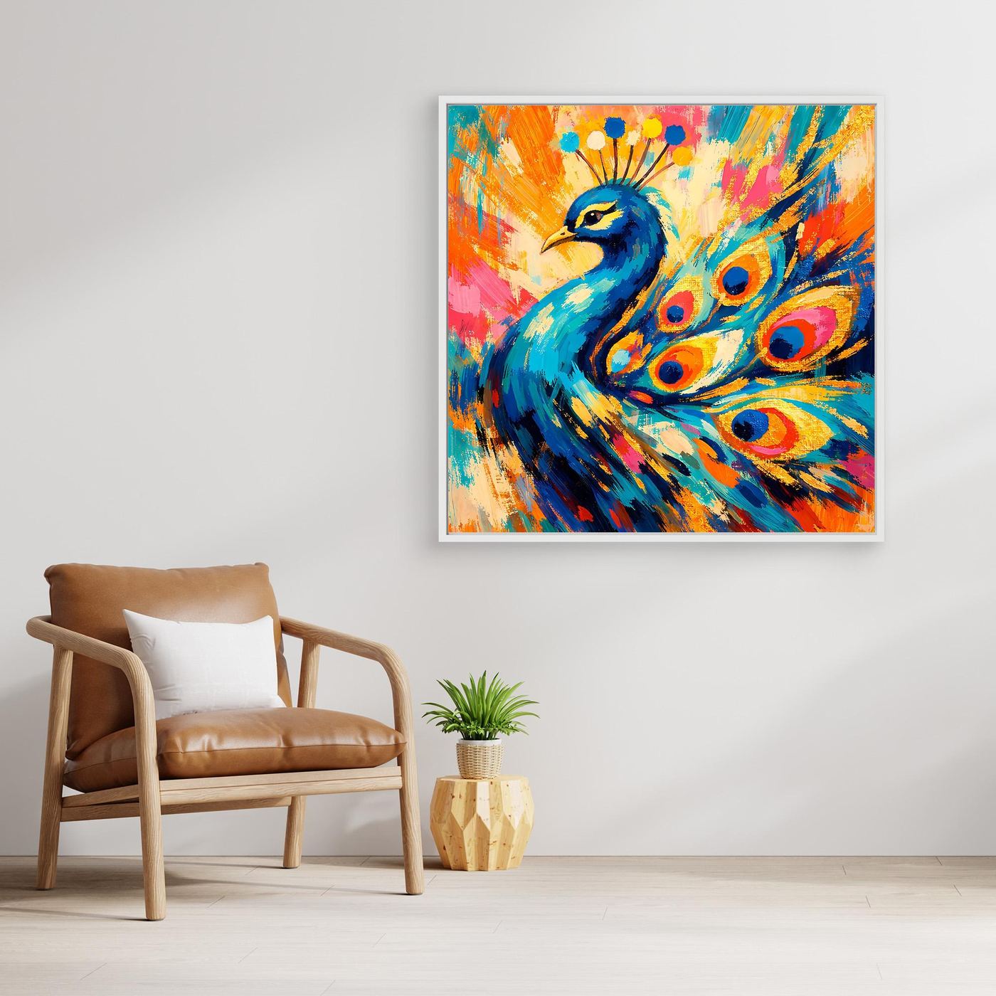 Leinwandbild mit Pfau-Motiv, abstrakt, farbenfroh, im hellen Holzrahmen