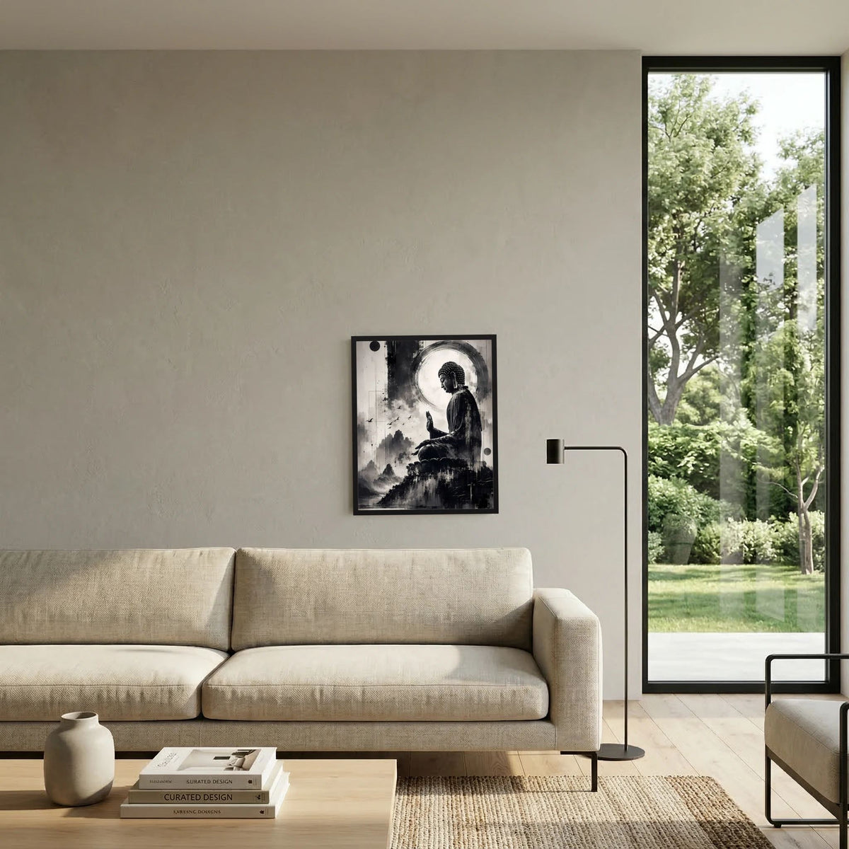 Schwarzweißes Buddha-Zen-Poster im Rahmen über einer beigen Couch