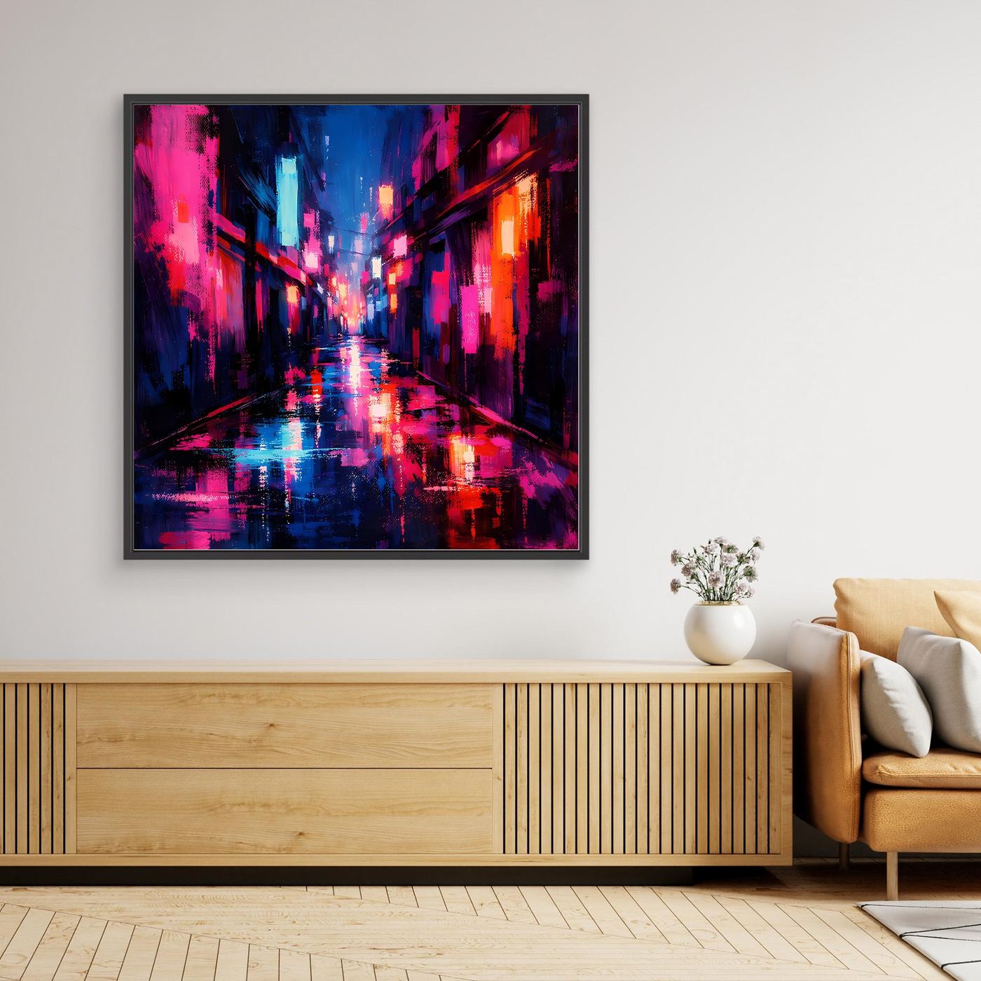 Leinwand Cyberpunk Nachtgasse im Regen | Modernes Neon Wandbild