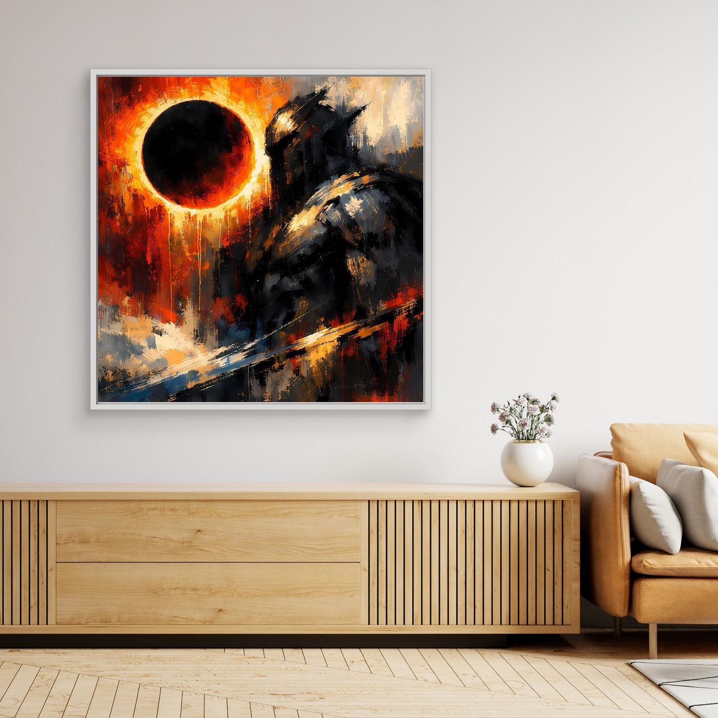Leinwand-Wandbild: kosmischer Ritter bei Sonnenfinsternis, weißer Rahmen