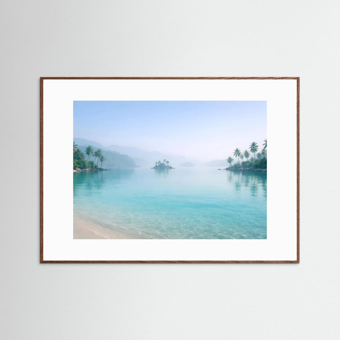 Tropisches Inselparadies im Nebel | Strand & Palmen Wandbild Querformat