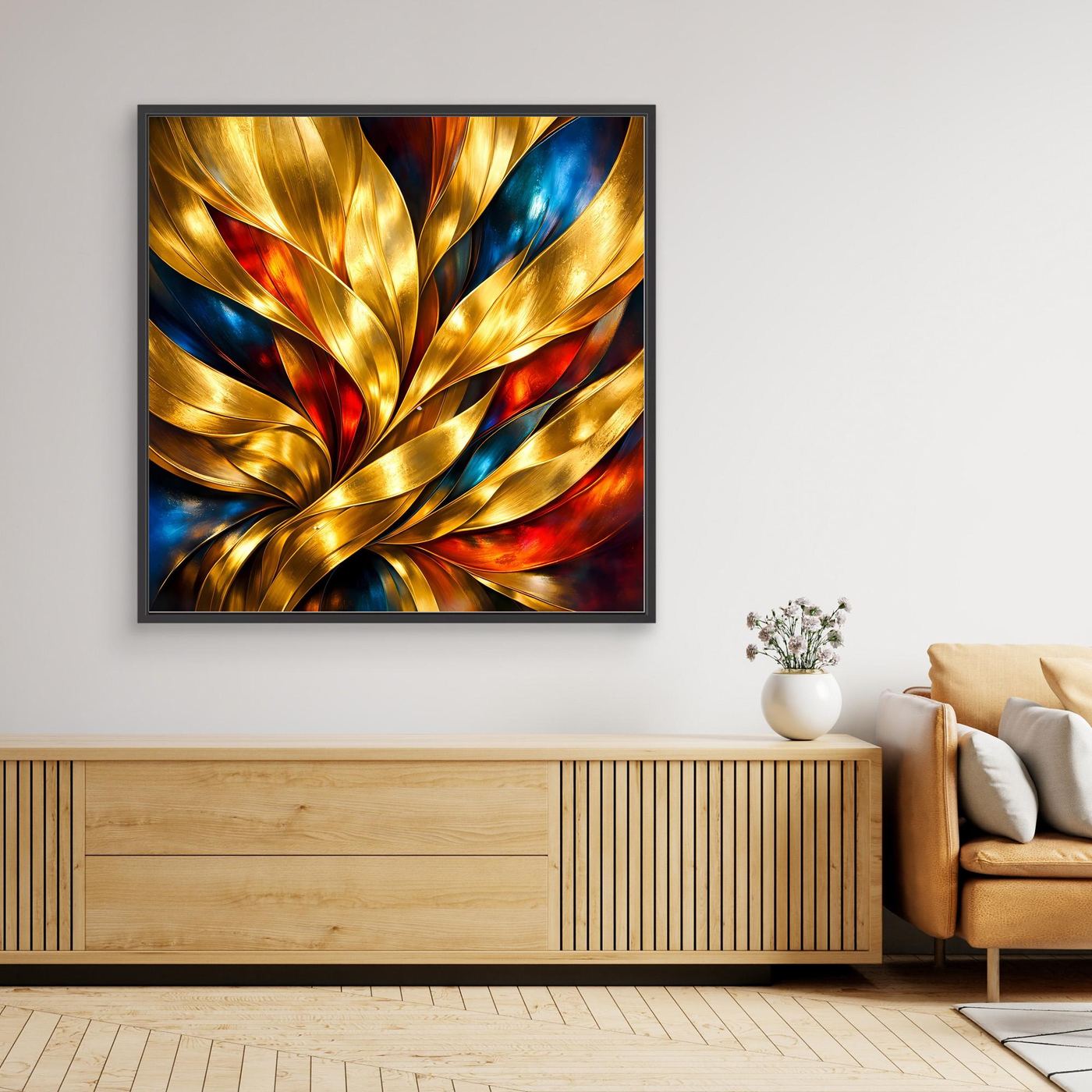 Gerahmtes Leinwandbild mit abstrakten goldenen Wellen, Blau- und Rotakzenten, schwarzer Rahmen