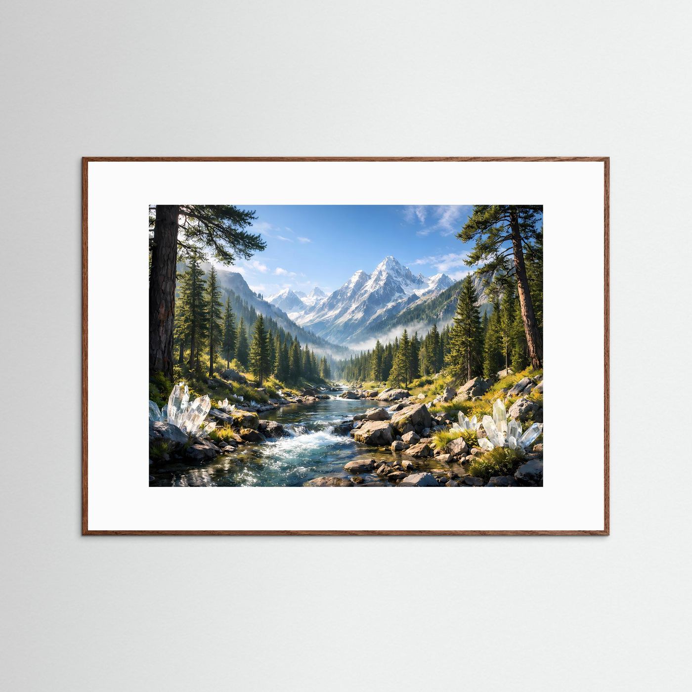 Poster mit Bergfluss-Landschaft, Bergen und Tannen, Kristallelementen; brauner Holzrahmen