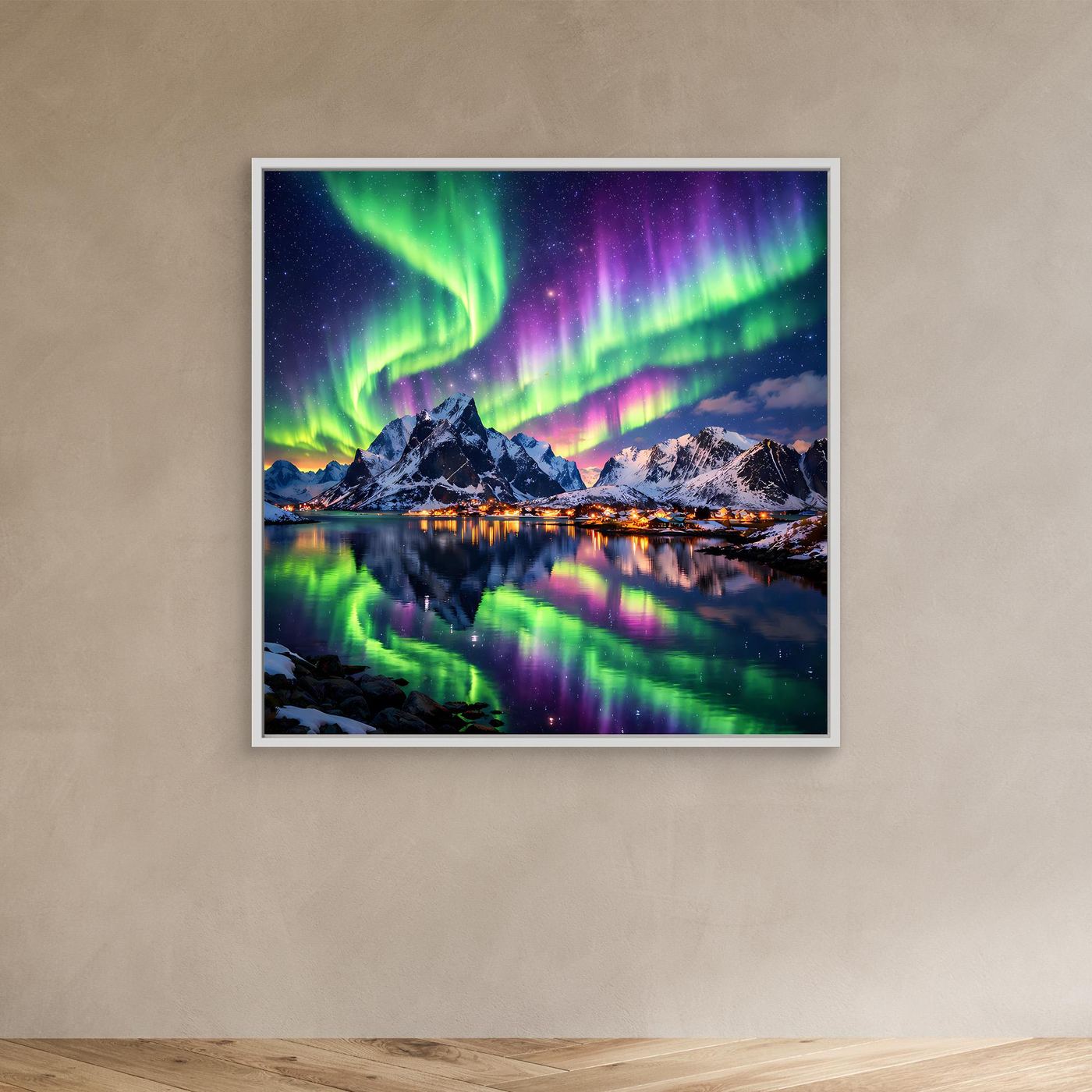 Leinwandbild mit Polarlichtern über Berglandschaft, weißer Rahmen