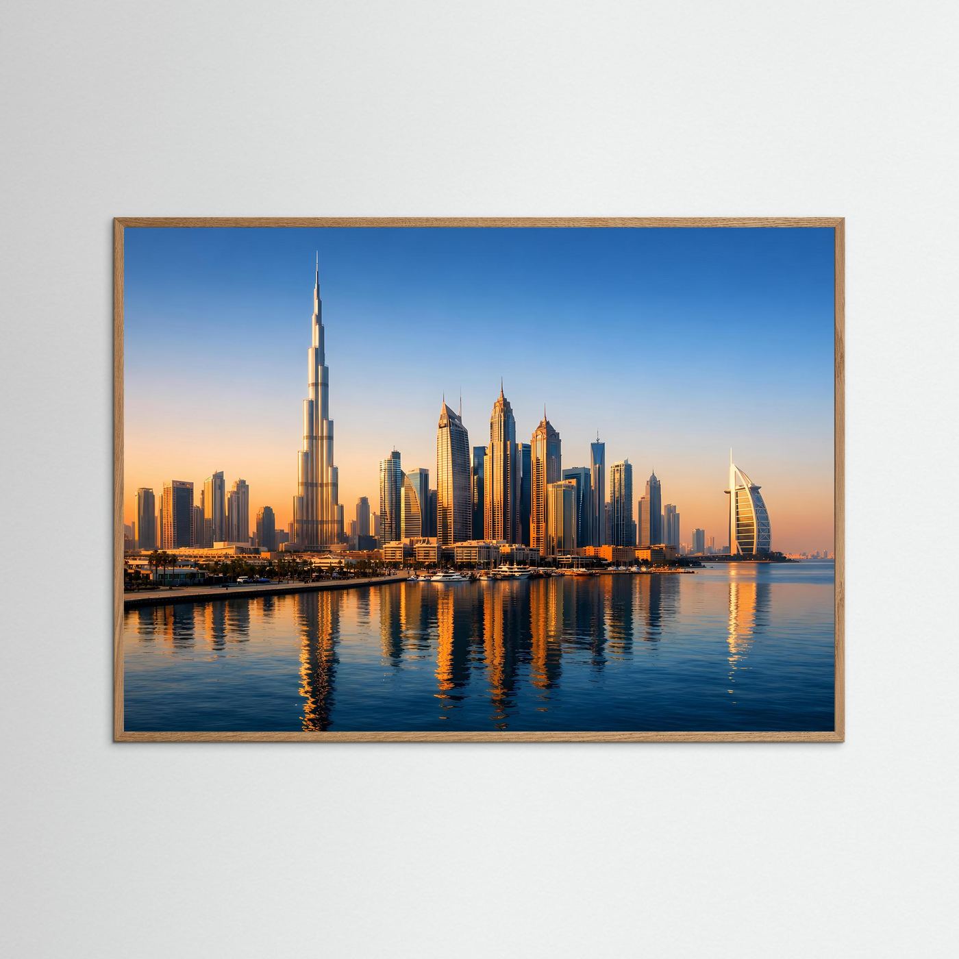 Panorama-Poster Dubai Skyline im Sonnenuntergang mit dunkelbraunem Holzrahmen