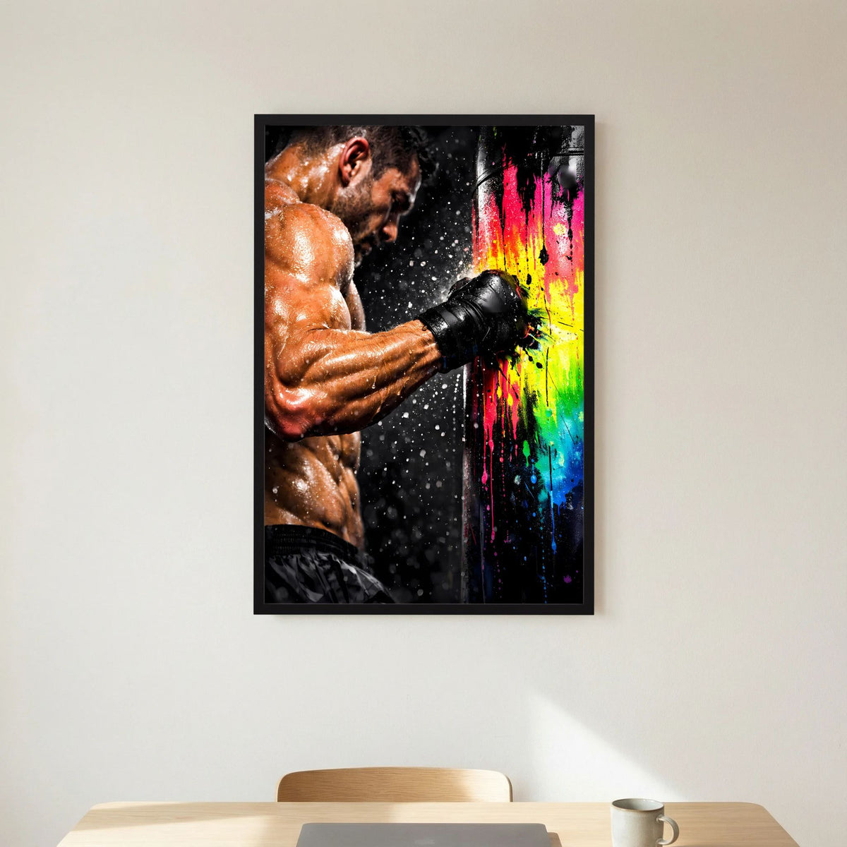 Hochformat-Poster mit Boxer, Schwarzrahmen und regenbogenfarbige Spritzer auf dunklem Grund