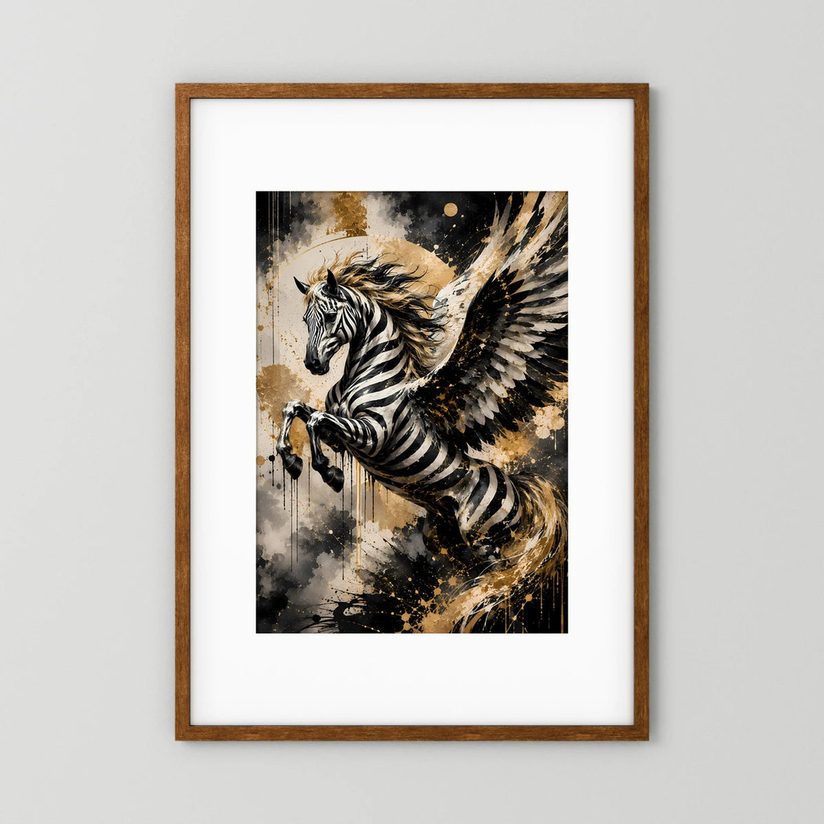 Geflügeltes Zebrapferd | Schwarz Gold abstrakte Fantasy Kunst | Poster Hochformat