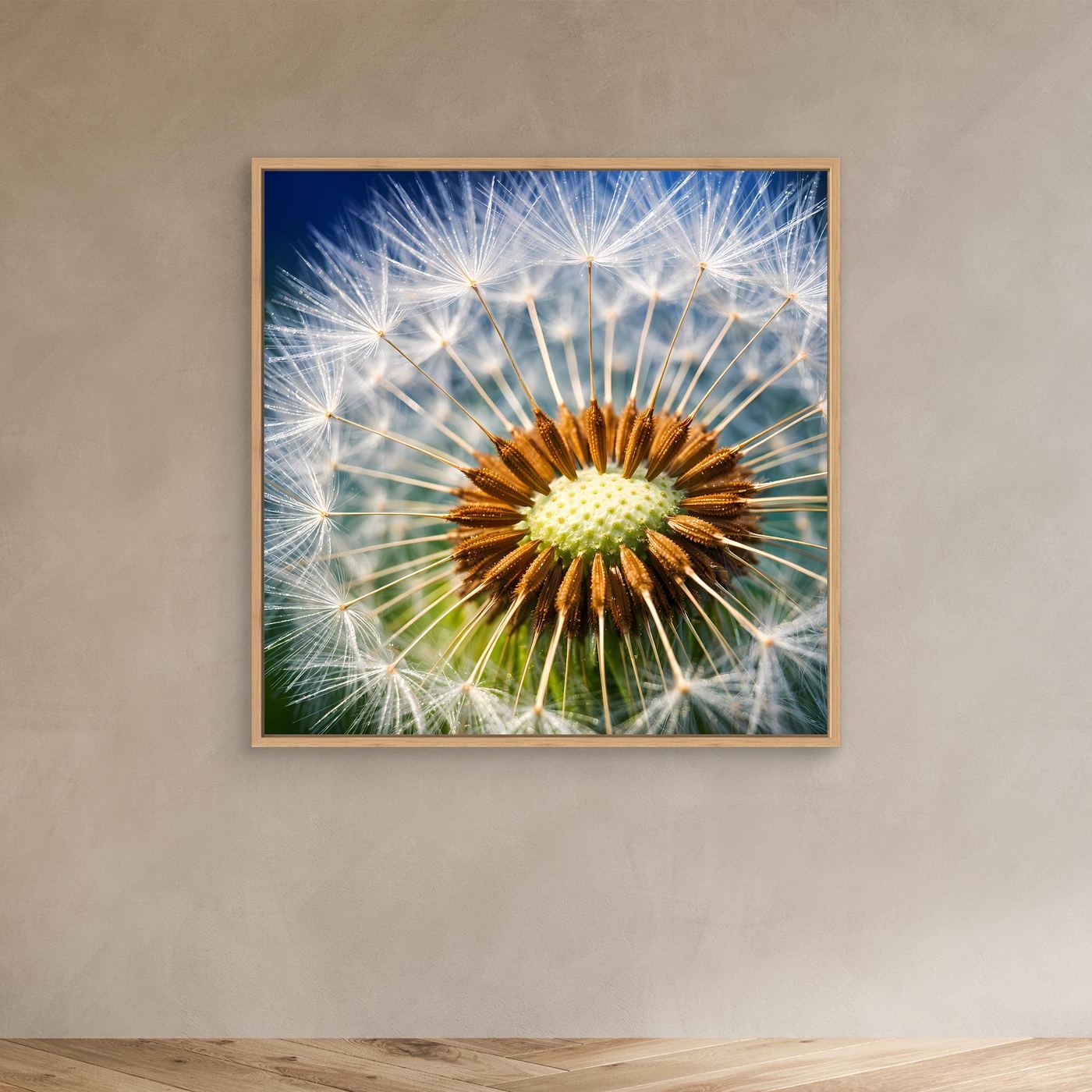 Leinwandbild Pusteblume-Makro mit weiß-gelber Pustendolde, Holzrahmen