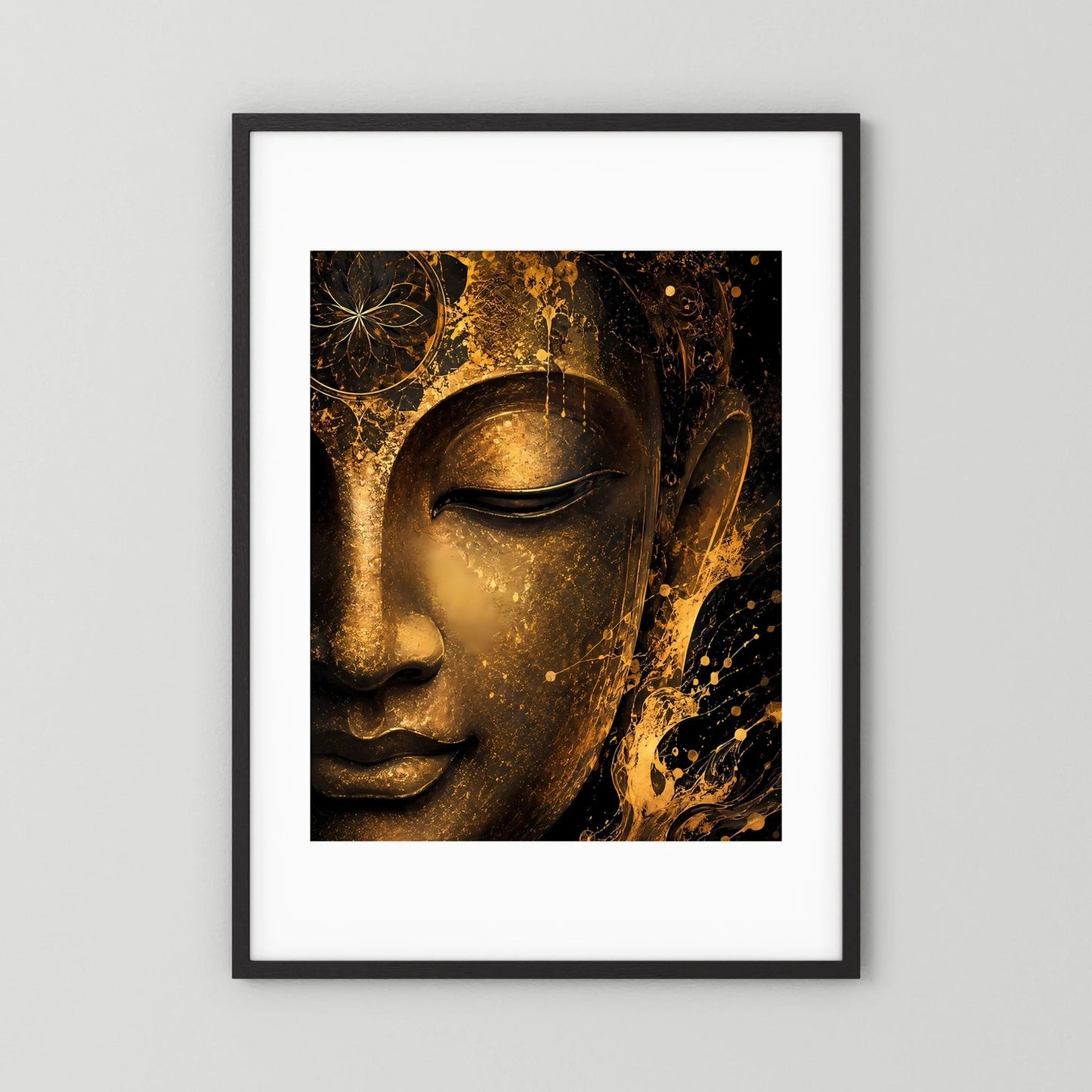 Abstraktes Buddha-Gesicht Poster, schwarz-goldener Look, Hochformat mit schwarzem Rahmen