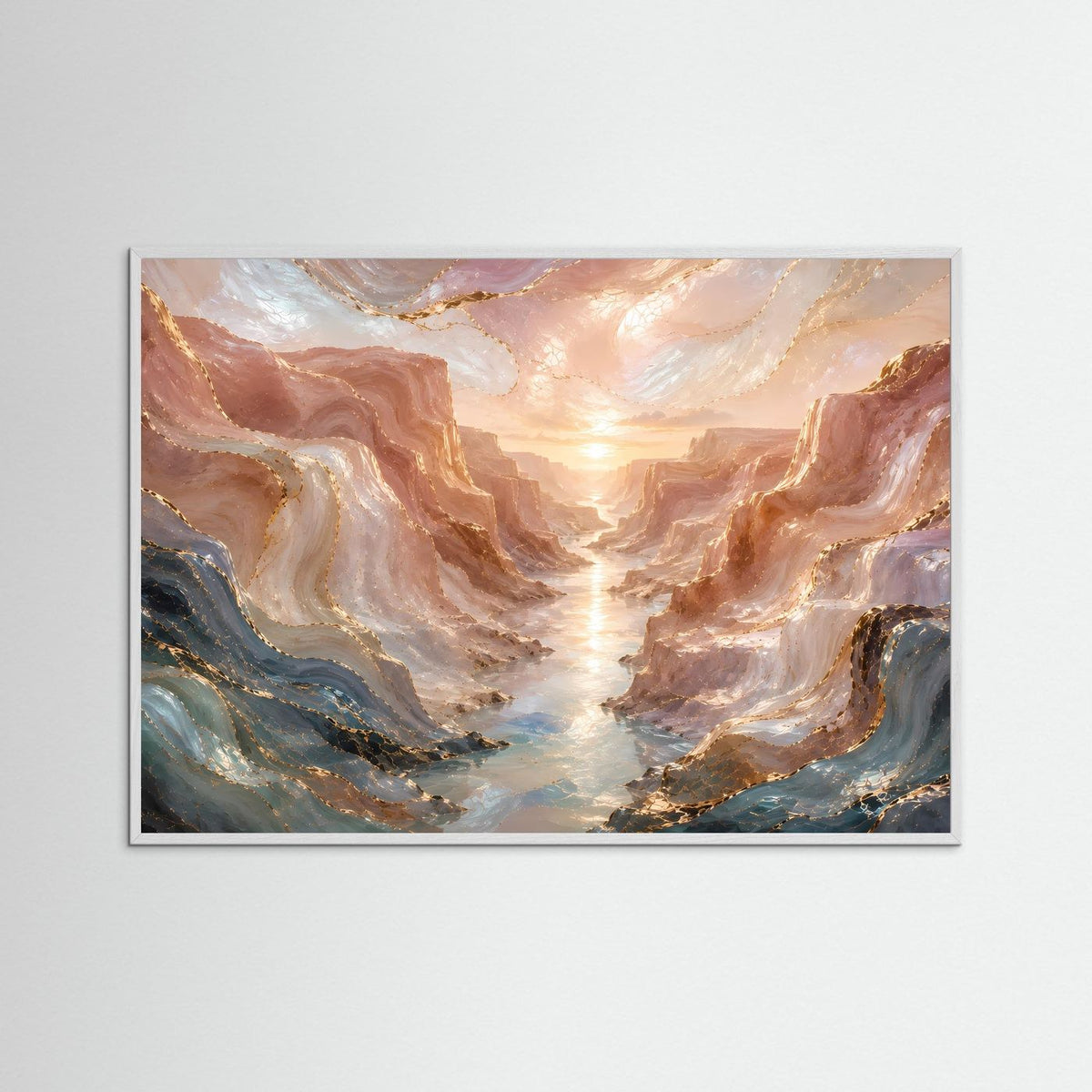 Gerahmtes Poster Querformat mit Canyonlandschaft und Fluss in warmen Brauntönen
