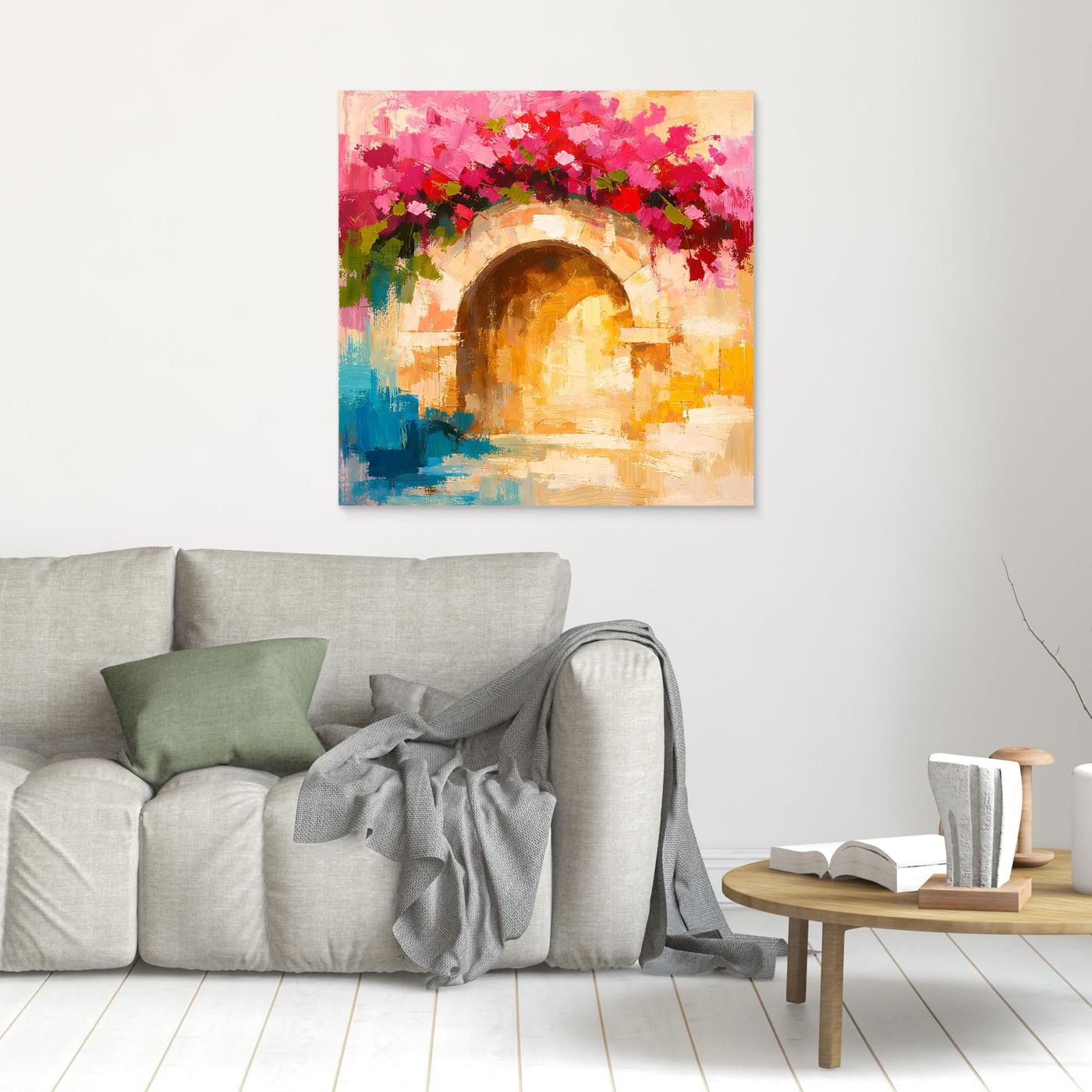Leinwand Abstrakter Torbogen mit Bougainvillea | Modernes Mediterranes Wandbild Italien