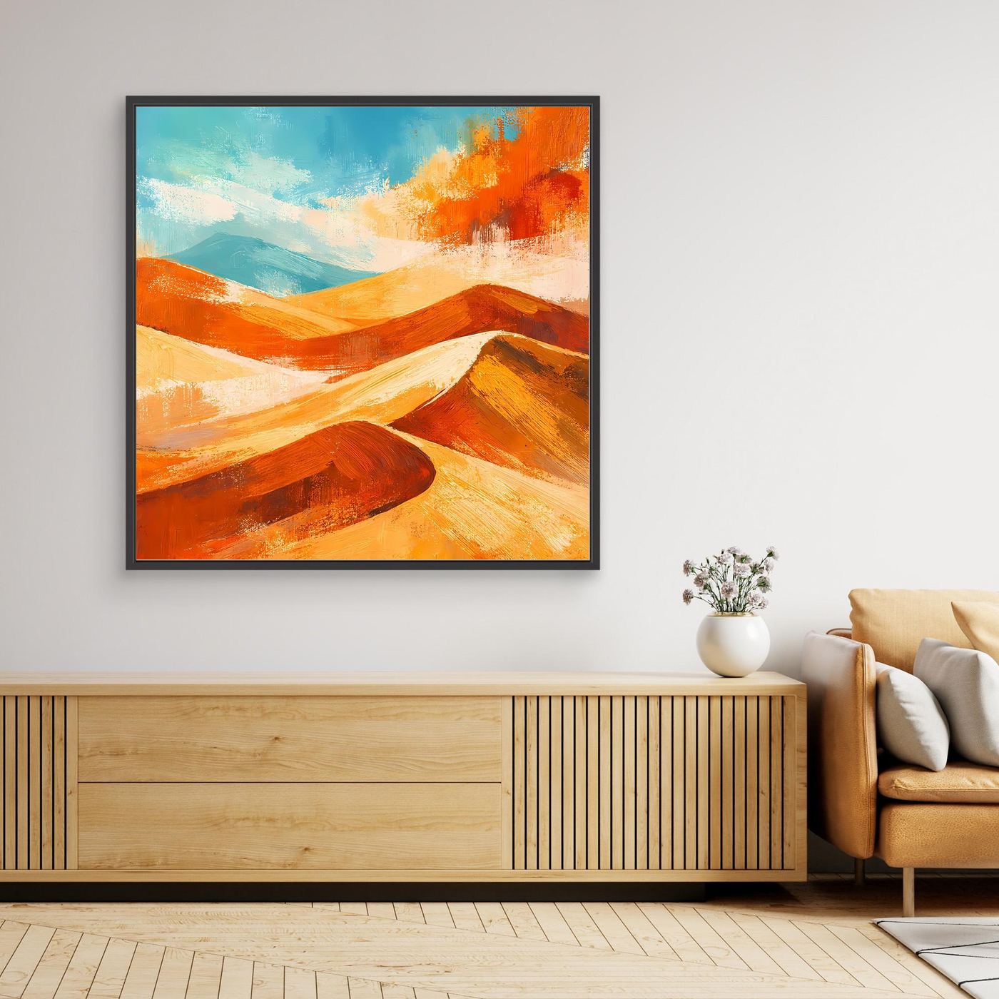 Abstract desert landscape wall art with teal sky, orange sand dunes, dark frame