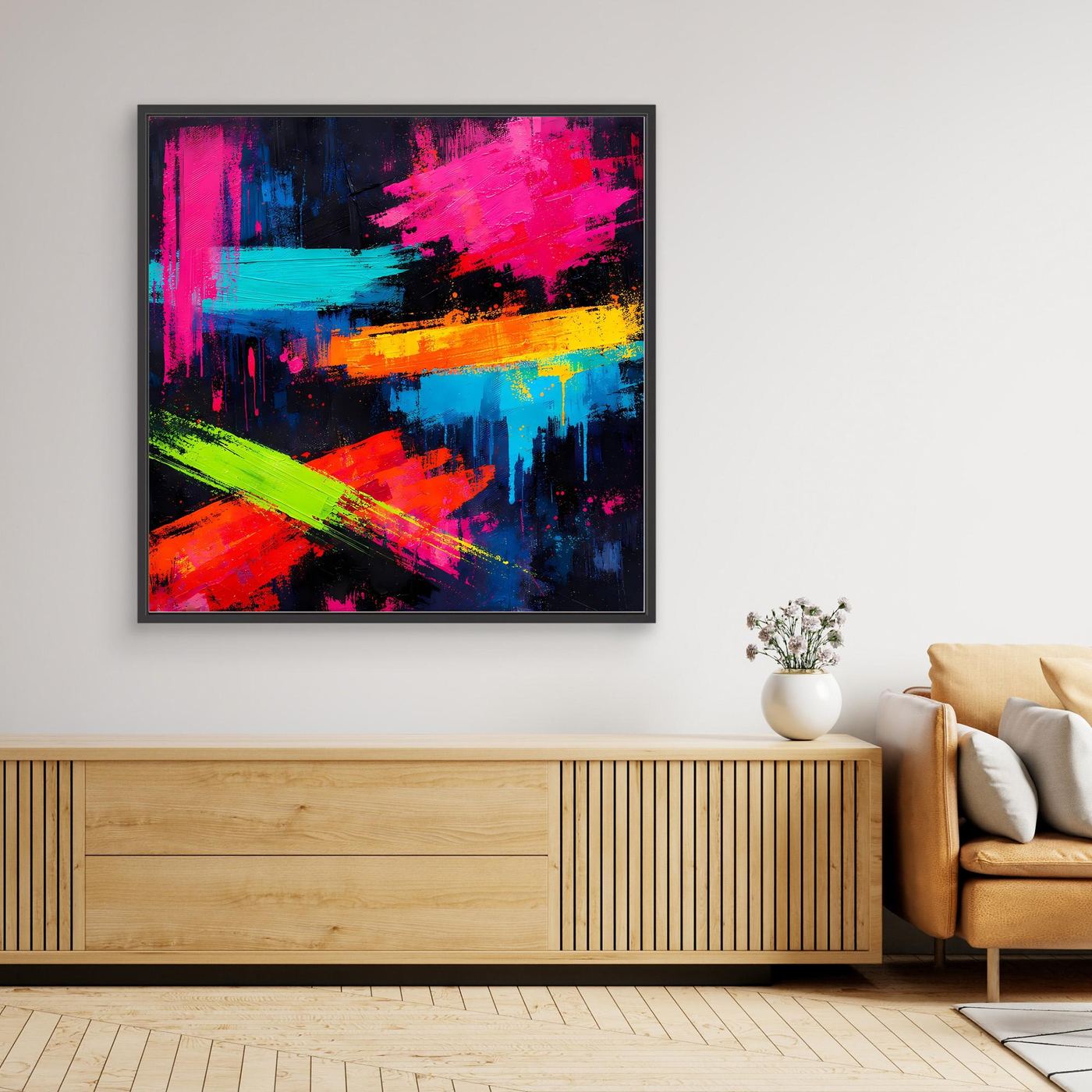 Abstraktes Leinwand-Wandbild mit Neonfarbexplosion, dunkler Rahmen
