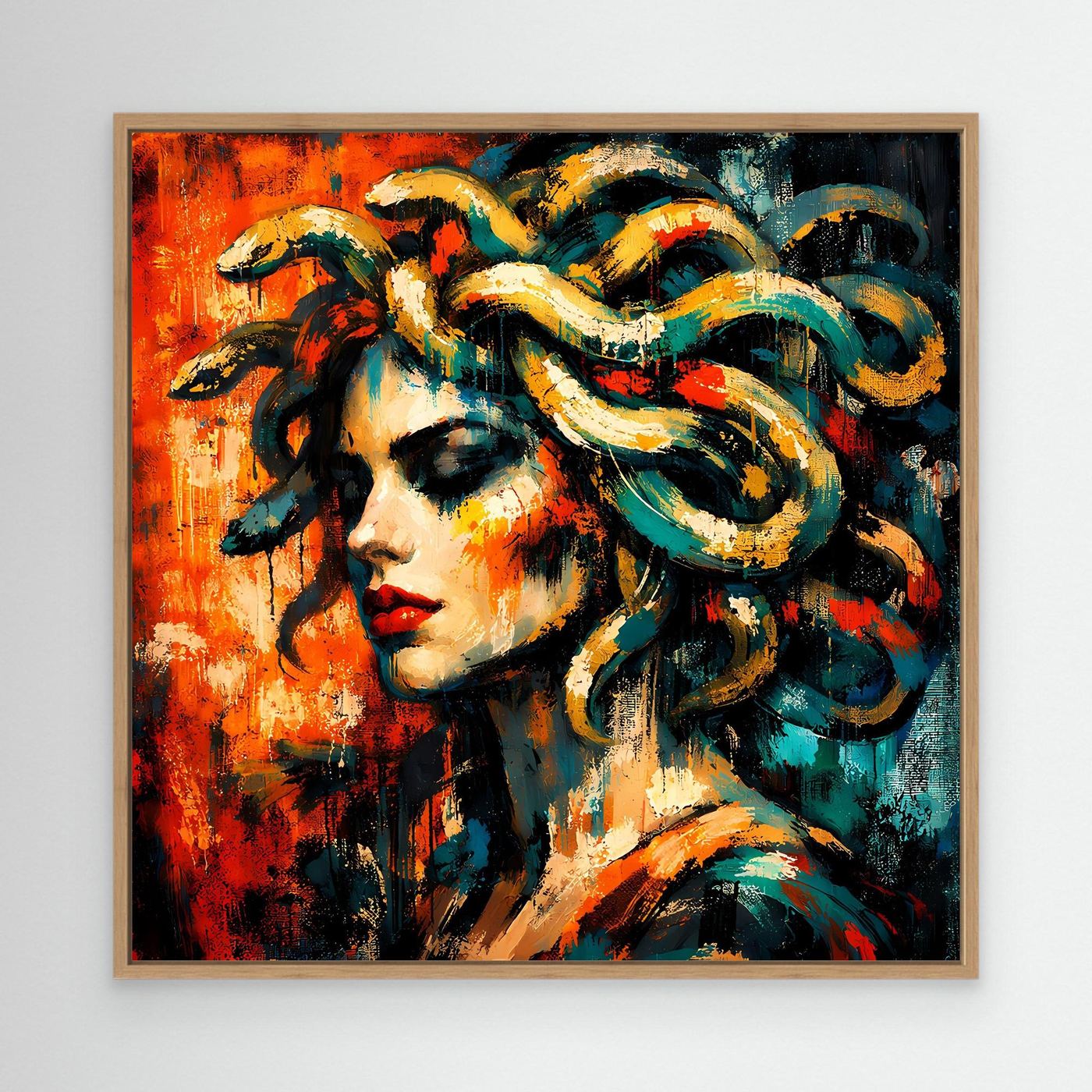 Leinwandbild: abstrakte Medusa mit Frauengesicht und Schlangenhaaren, im Eichenrahmen