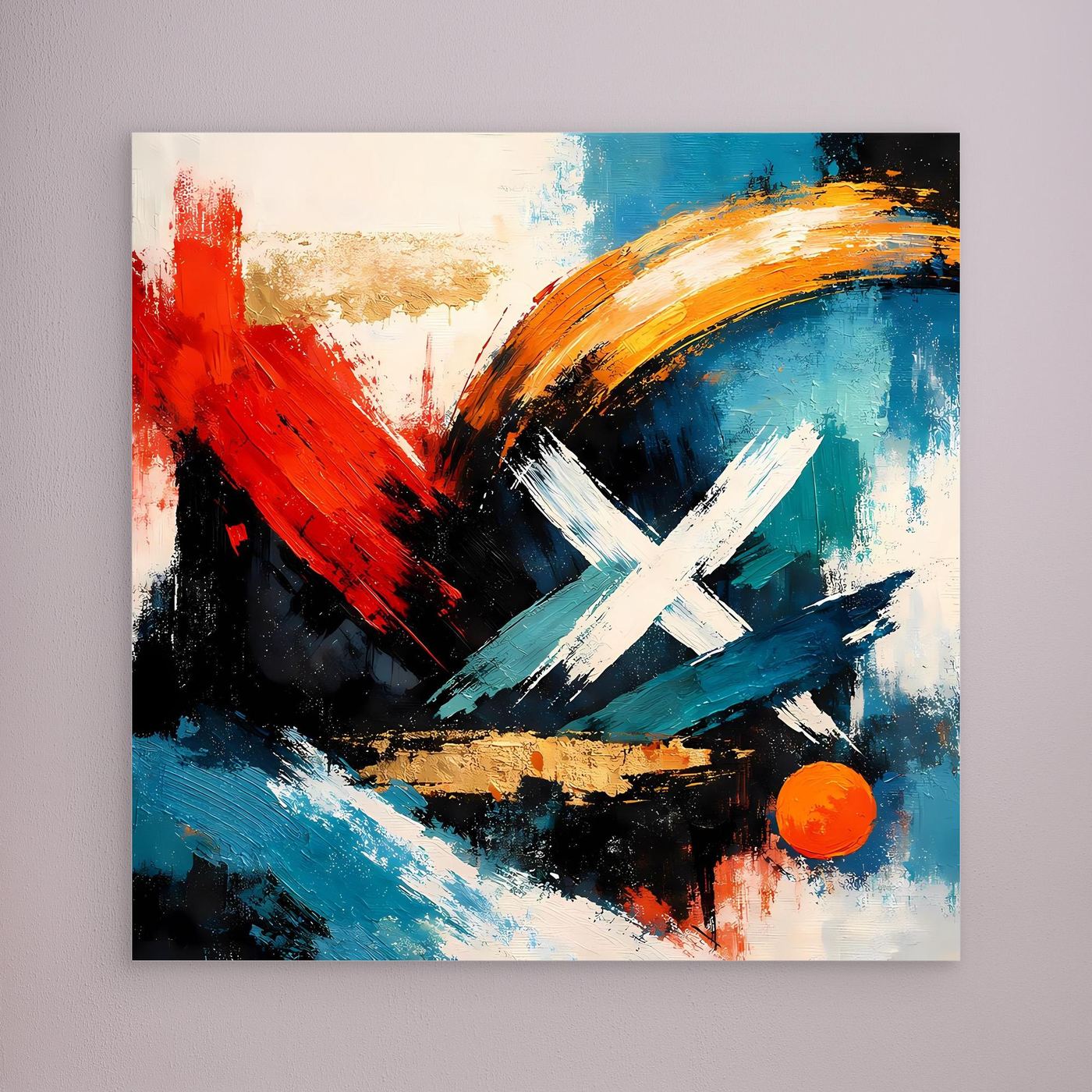 Abstraktes Leinwandbild mit blauem, rotem und goldenem Farbauftrag, weißem X und orangefarbenem Punkt.