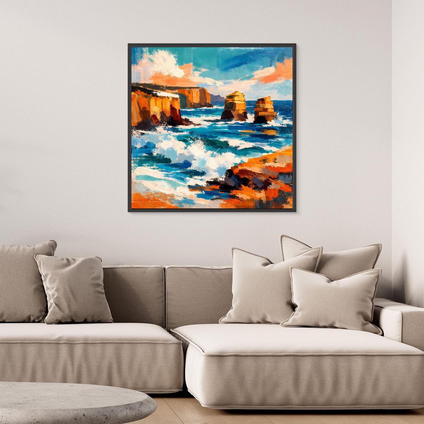 Wandbild mit abstraktem Küstenmotiv, blau und Orange, mit schwarzem Rahmen