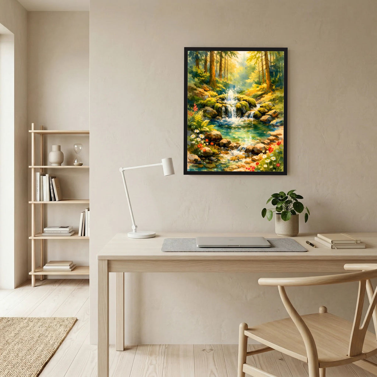 Gerahmtes Aquarell-Poster: Waldwasserfall, Bachlauf und Blumen am Ufer