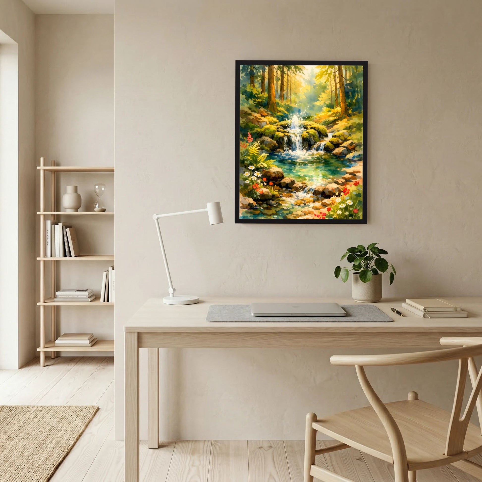 Gerahmtes Aquarell-Poster: Waldwasserfall, Bachlauf und Blumen am Ufer