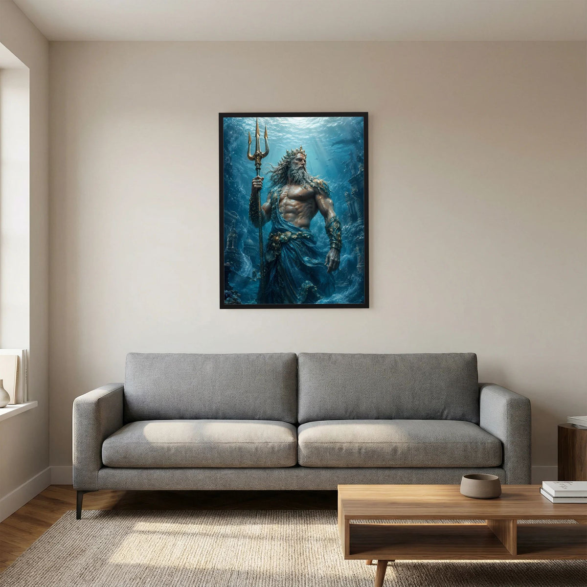 Hochformat-Poster mit Poseidon und Dreizack, Unterwasserwelt in Blautönen