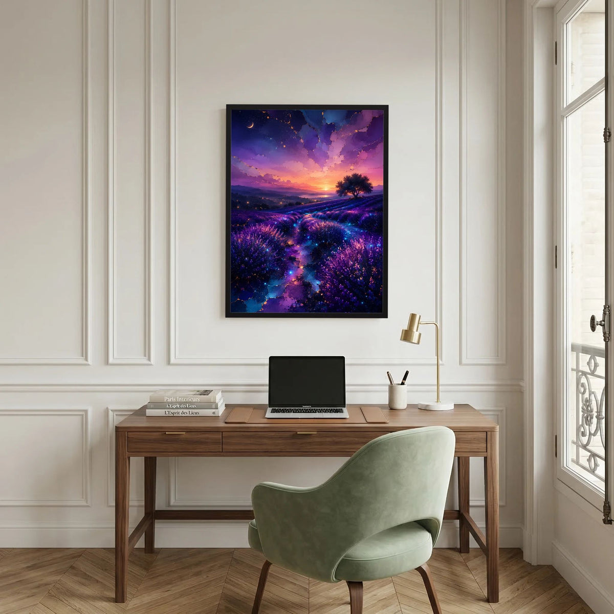 Hochformatiges Poster im dunklen Rahmen mit Sternenhimmel über violettem Lavendelfeld