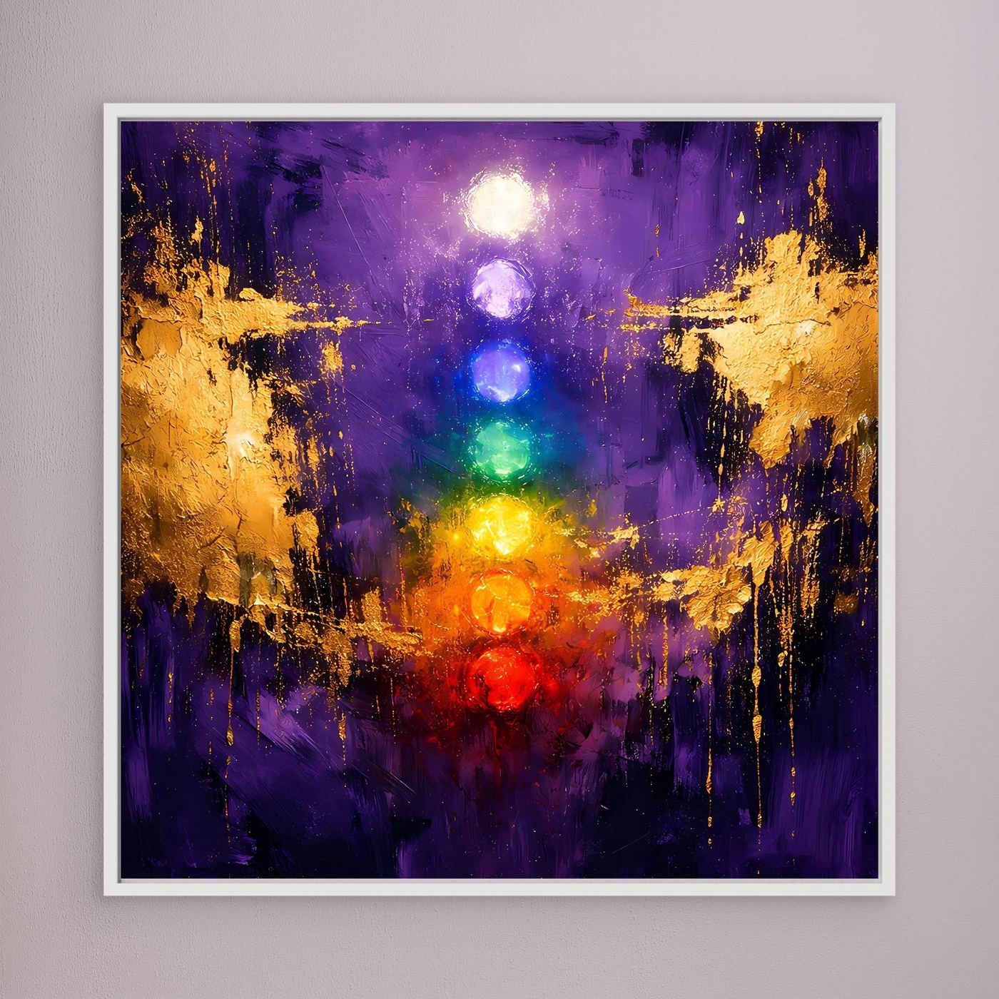 Leinwand Sieben Chakren auf tiefem Violett | Modernes Spirituelles Yoga Wandbild