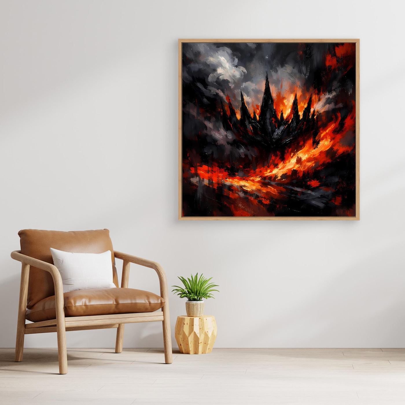 Abstraktes Leinwand-Wandbild mit Flammen und Rauch, im Holzrahmen