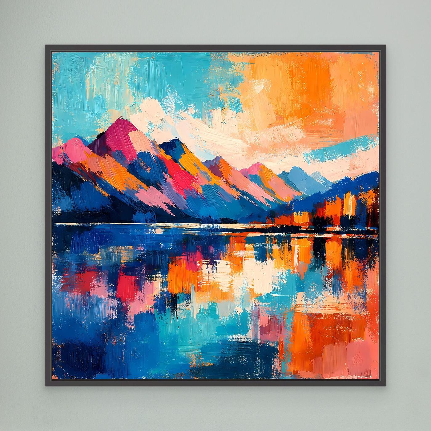 Gerahmtes Leinwandbild mit abstrakten Bergen und See-Spiegelung, türkis, orange und blau